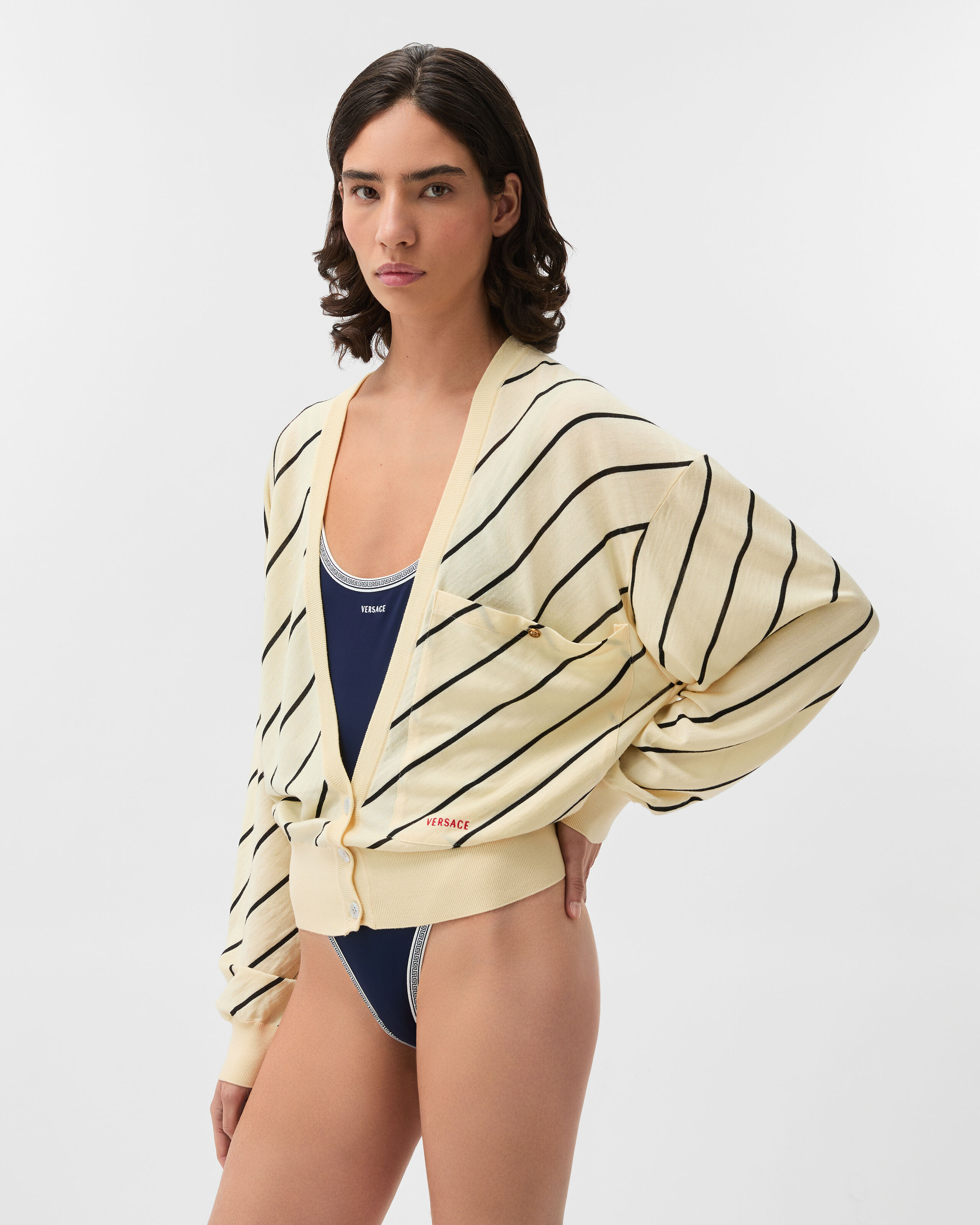 Striped-Intarsia Wool Knit Cardigan Yellow | VERSACE