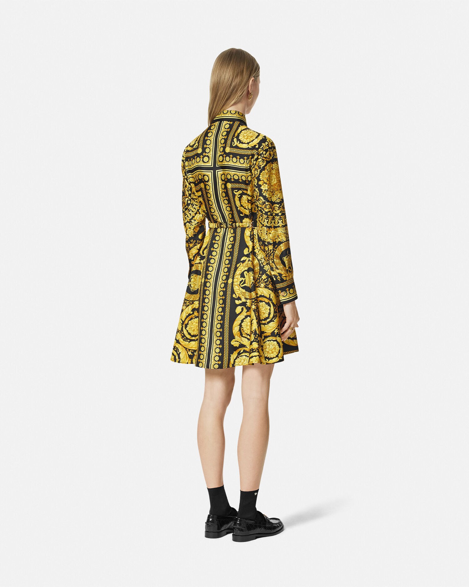 Printed Silk Twill Mini Shirt Dress Black,Print | VERSACE US
