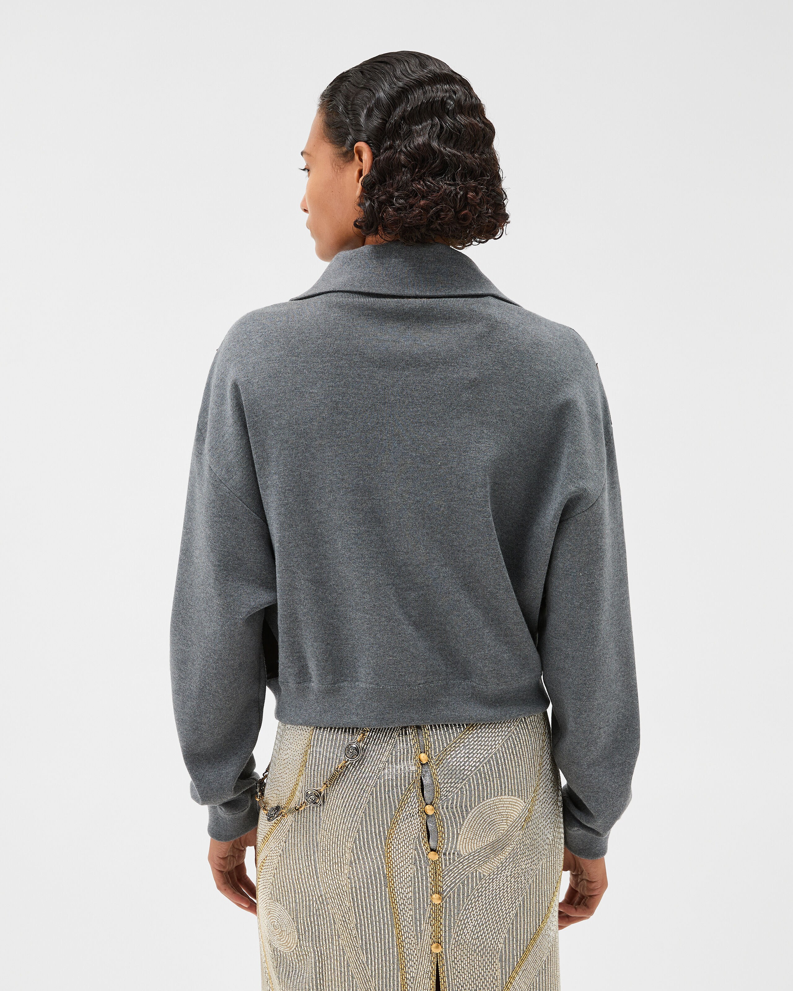 Intarsia-Wool & Leather Patchwork Zip Sweatshirt Gray | VERSACE TH