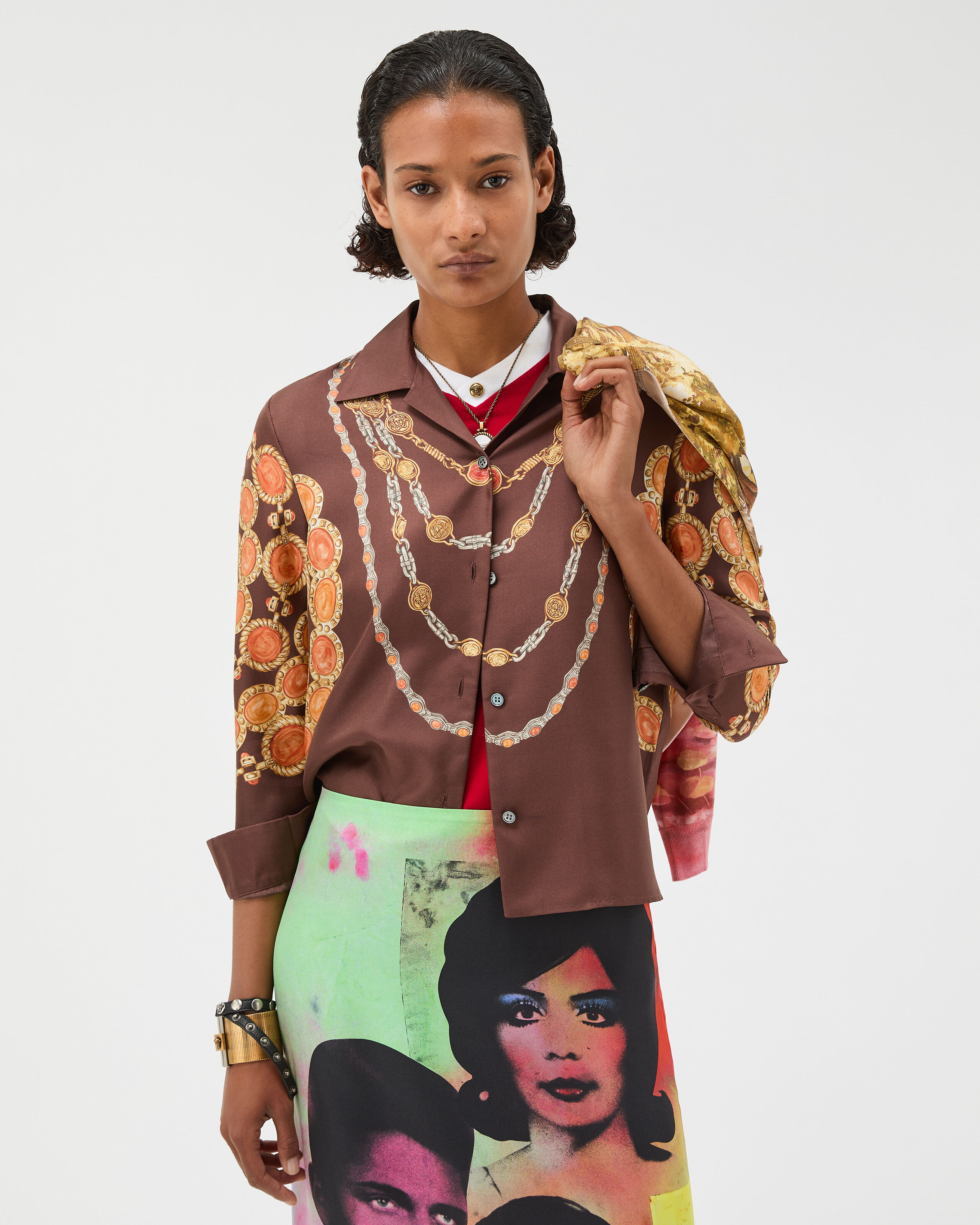 Printed Silk Twill Shirt Brown,Print | VERSACE UK