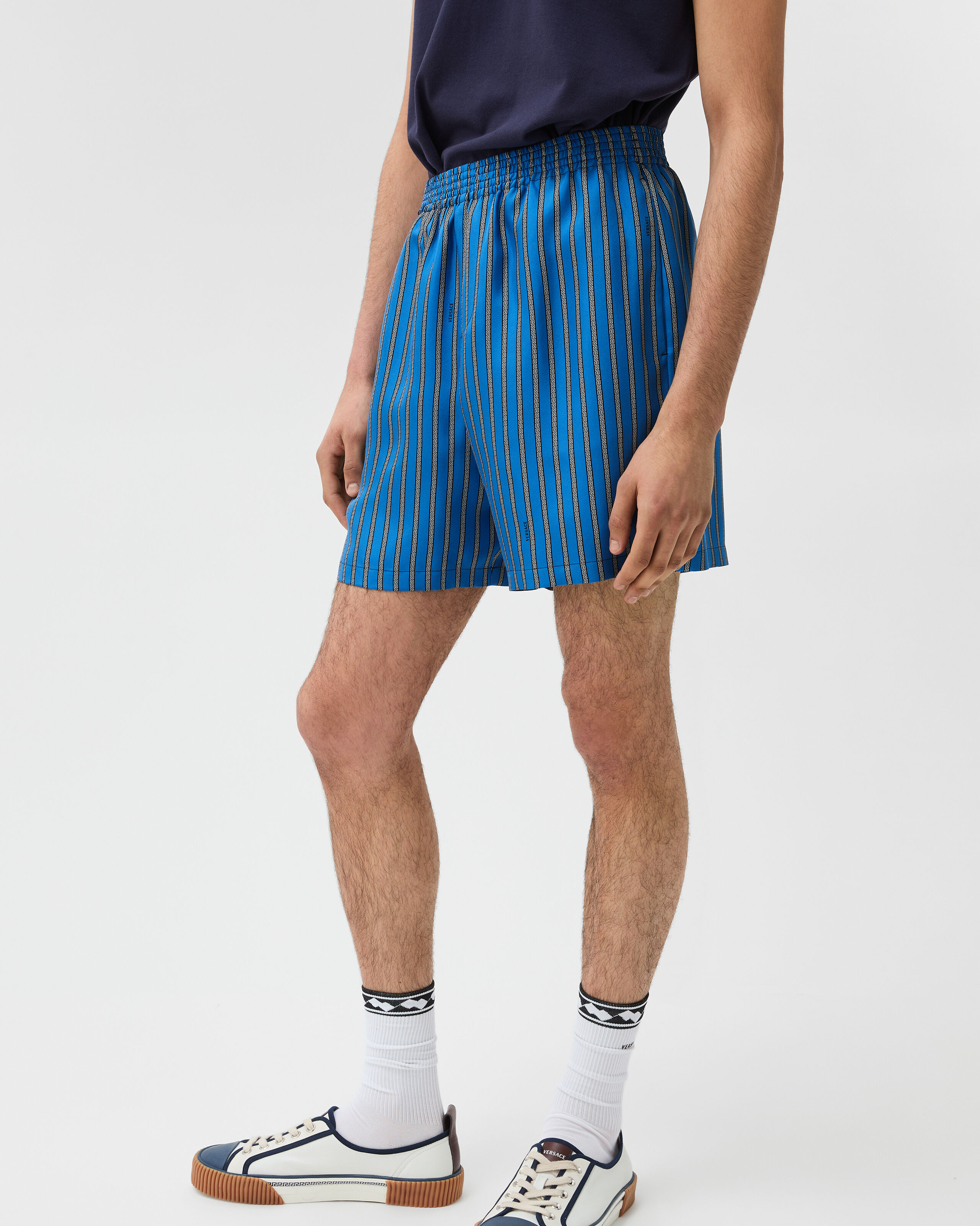Printed Silk Twill Shorts Blue | VERSACE US