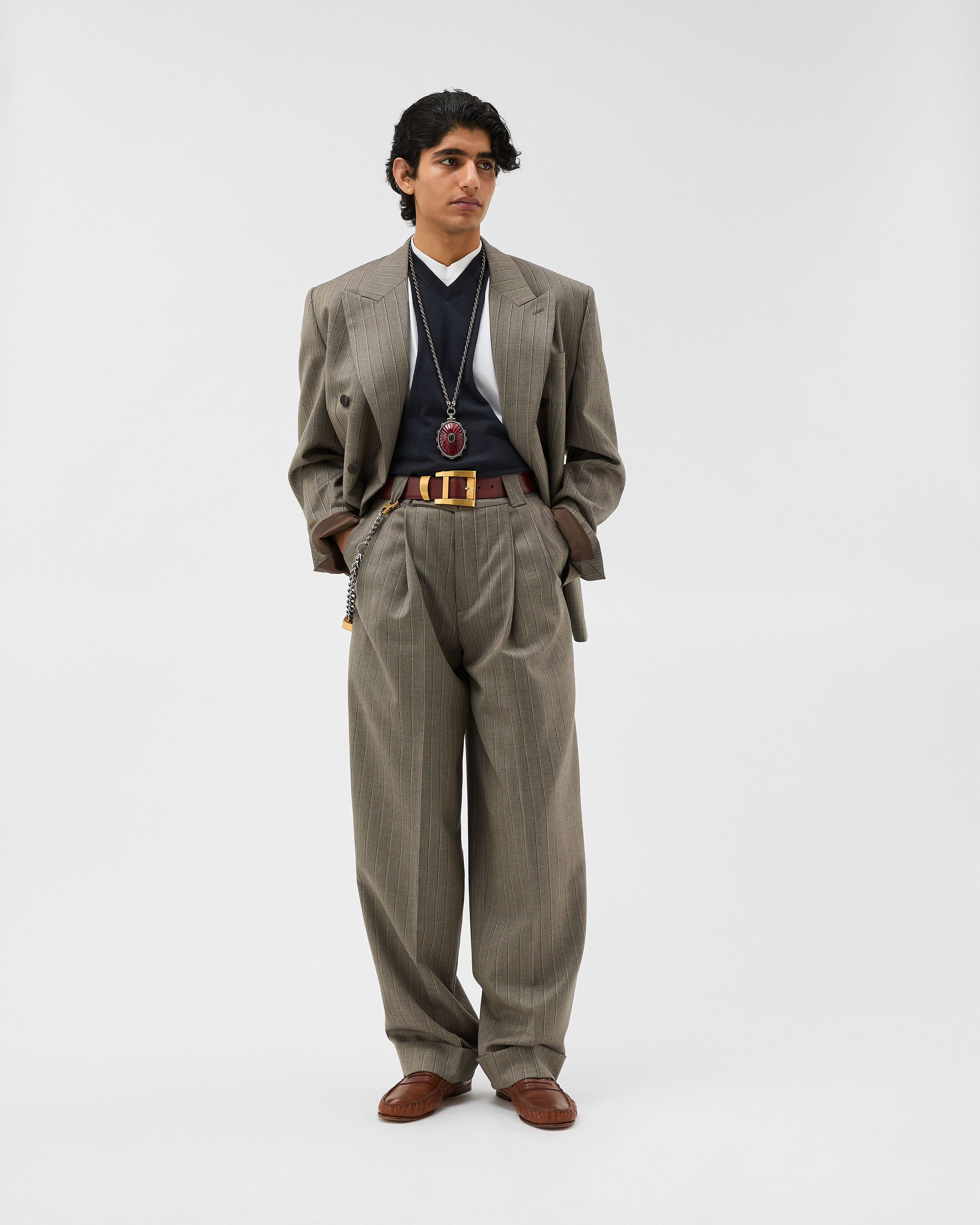 Pinstripe Wool Twill Oversized Pants Gray | VERSACE US