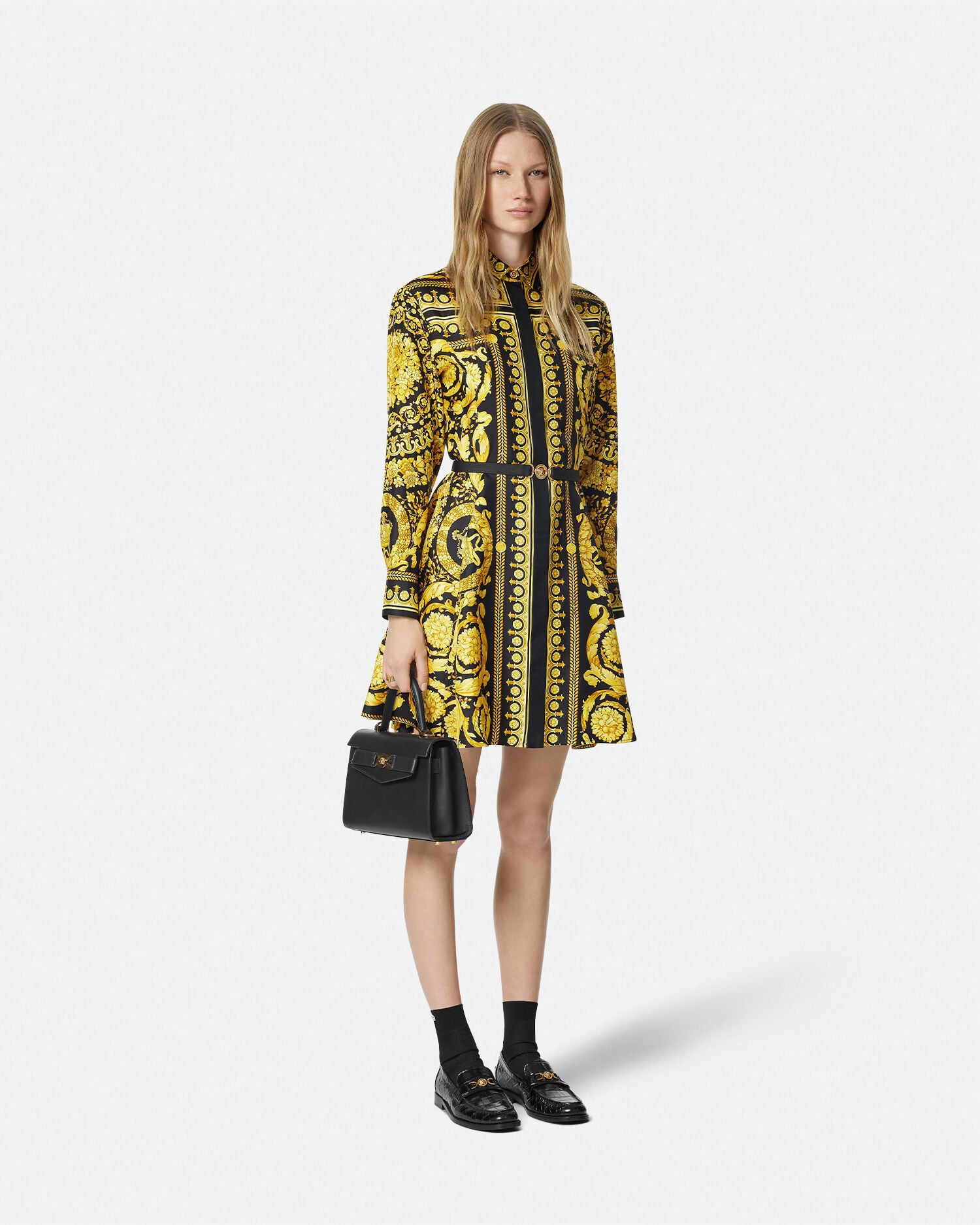 Printed Silk Twill Mini Shirt Dress Black,Print | VERSACE US