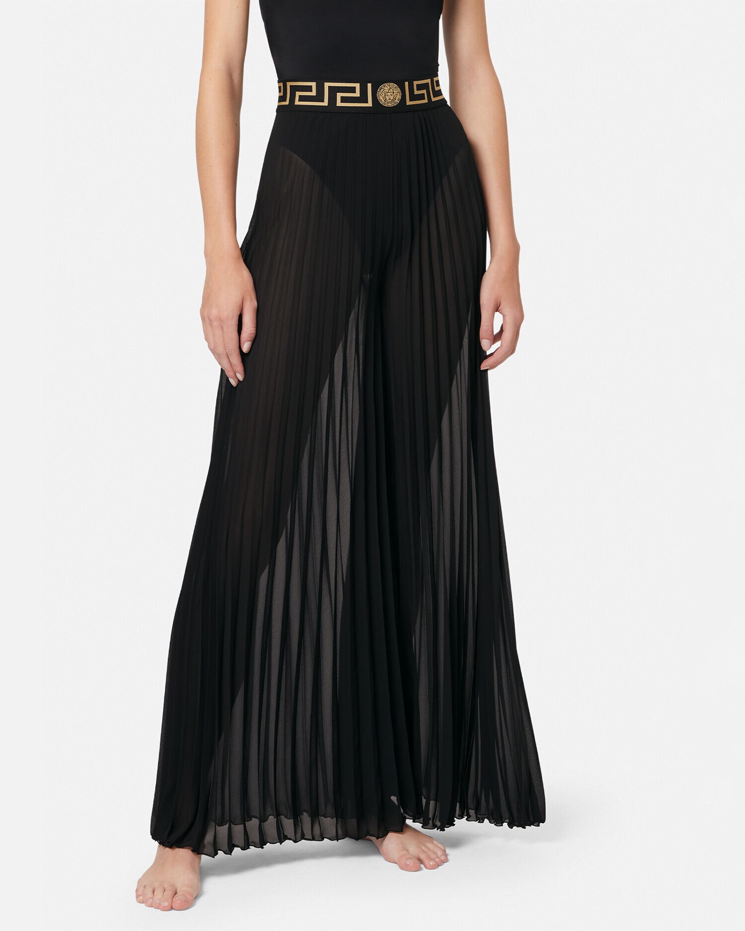 Greca Pleated Pareo Trousers Black | VERSACE US