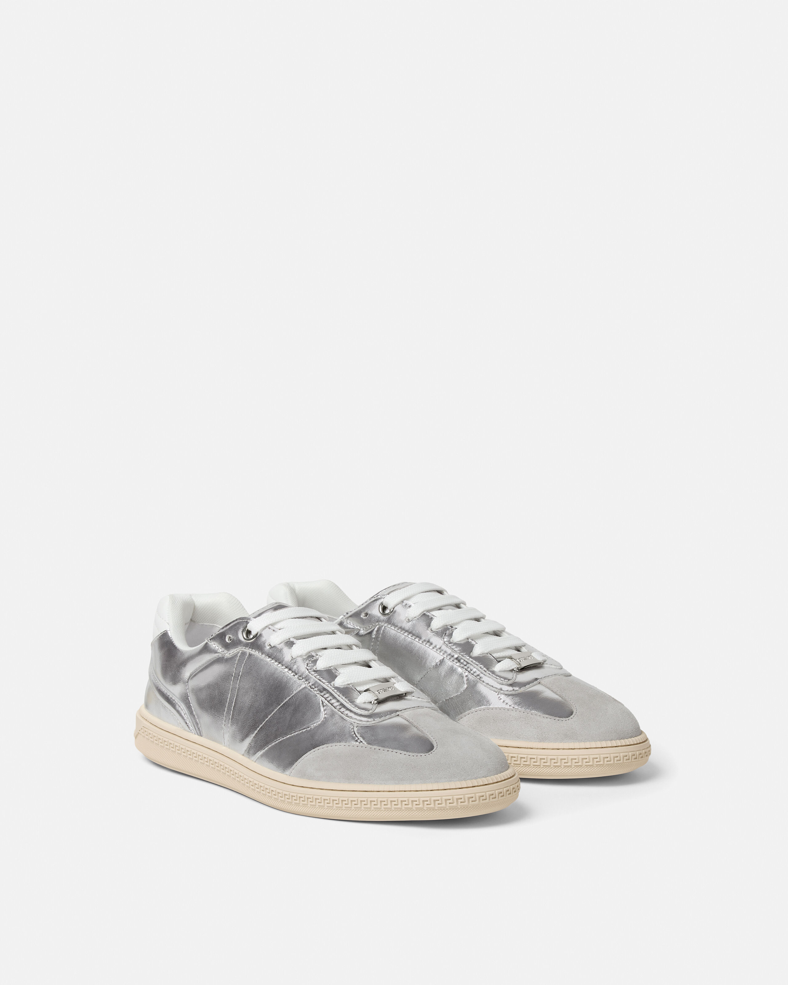 Greca Court Metallic Sneakers Silver | VERSACE US