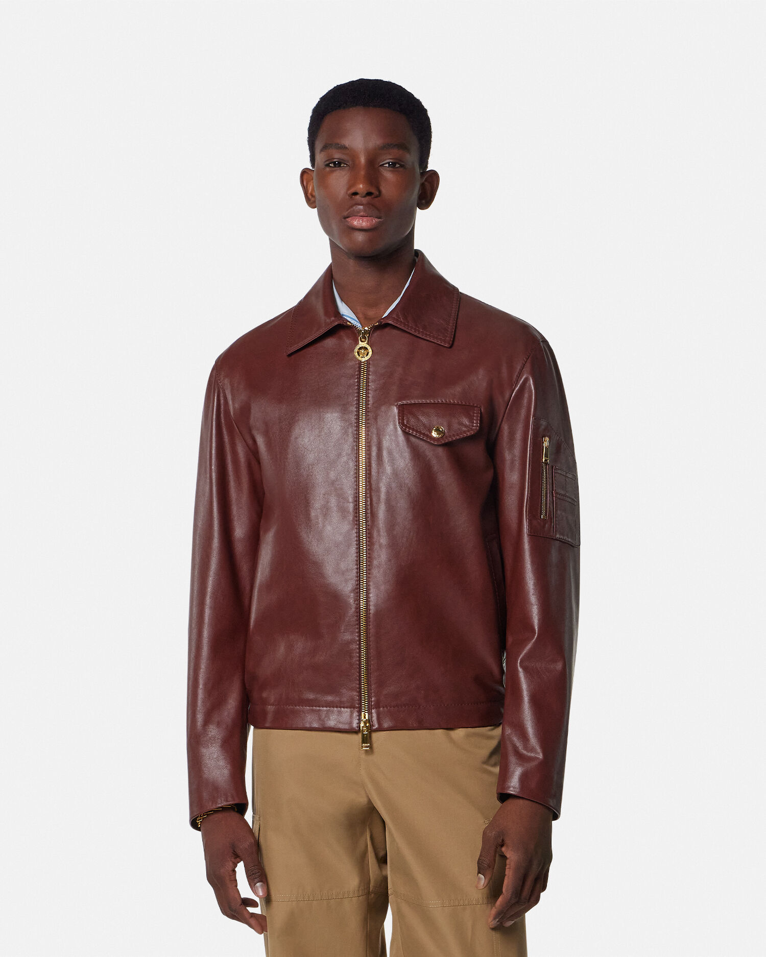 Leather Blouson Jacket Brown | VERSACE US
