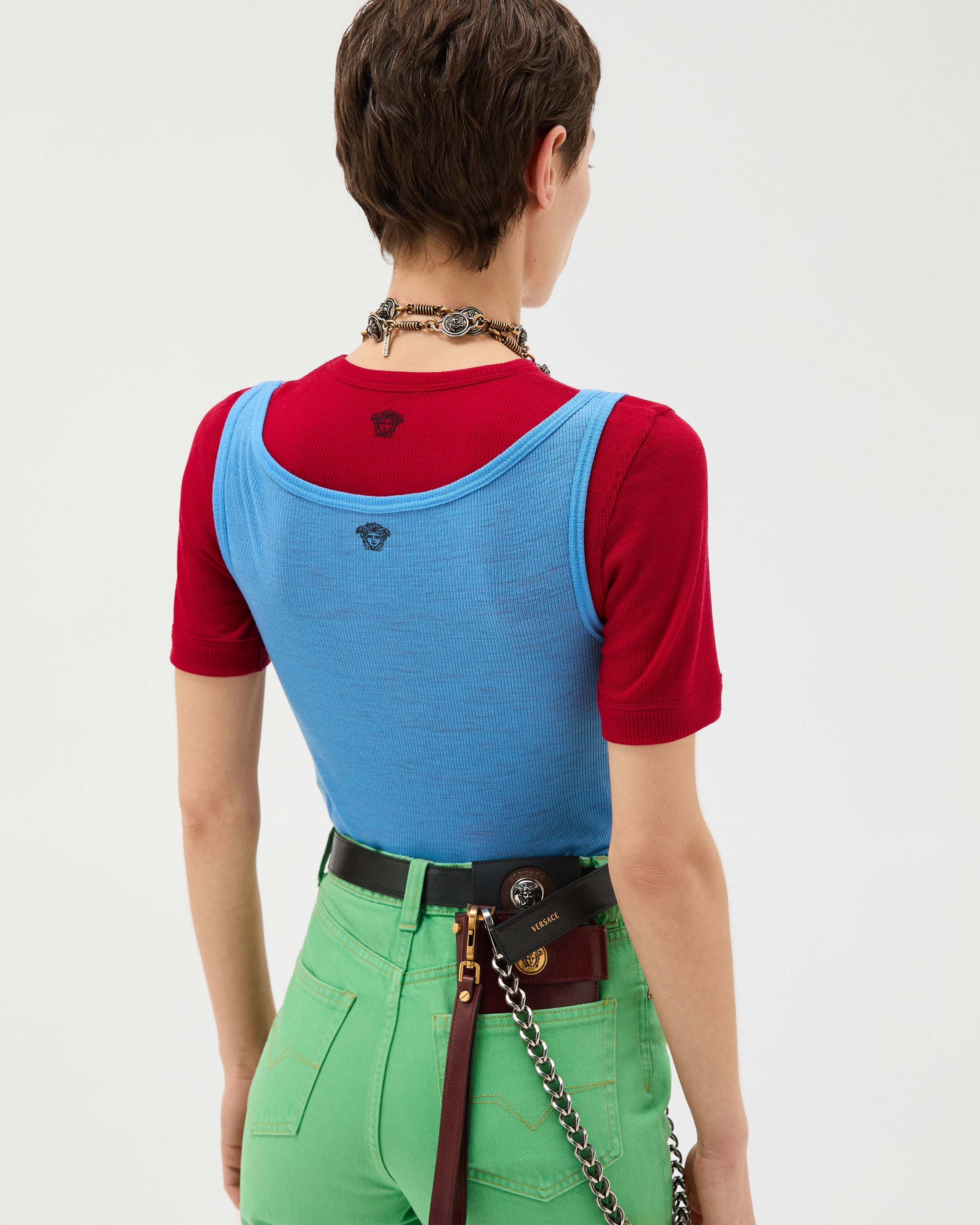 Embroidered Ribbed Wool Tank Top Blue | VERSACE US