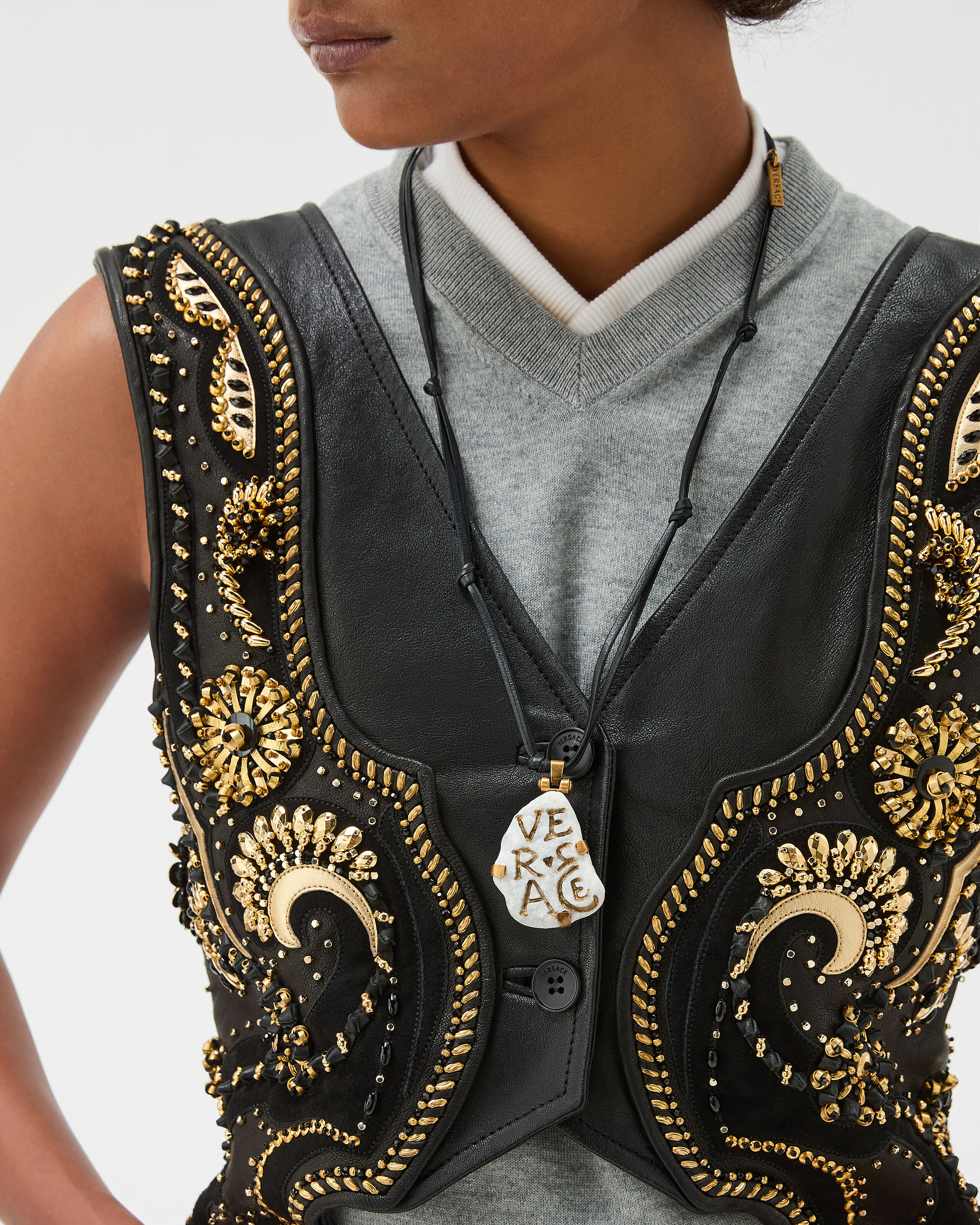 Embroidered Crop Leather Vest Black | VERSACE