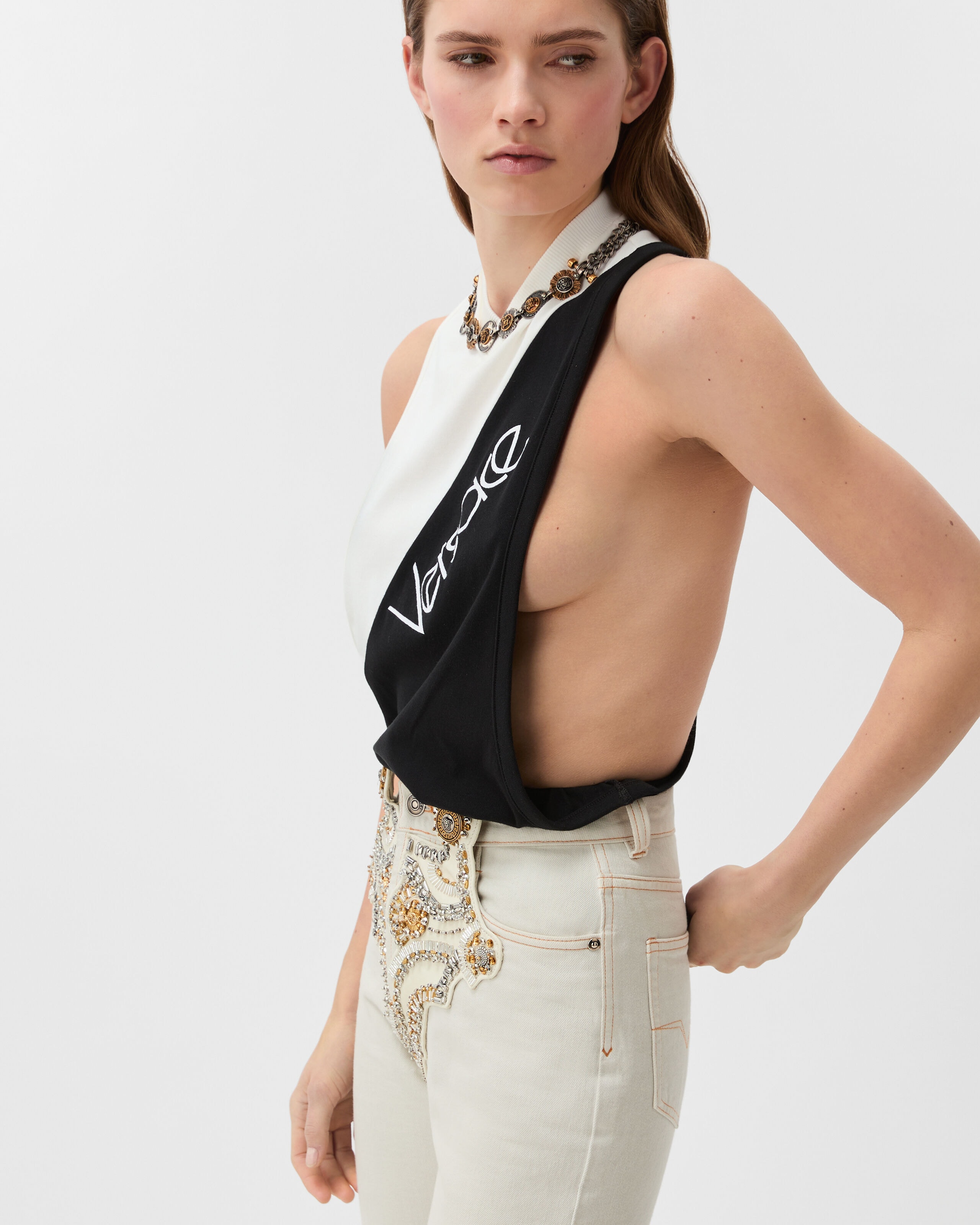 Embroidered-Logo Cotton-Jersey Tank Top White | VERSACE