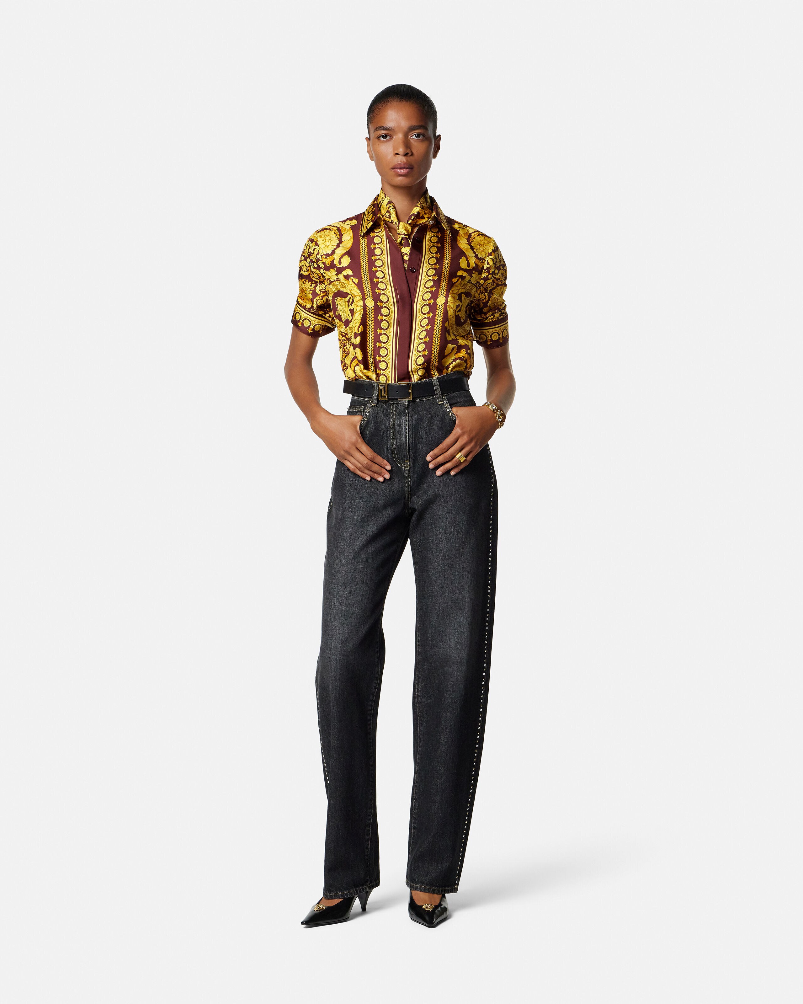 Printed Silk Shirt Burgundy,Gold | VERSACE US
