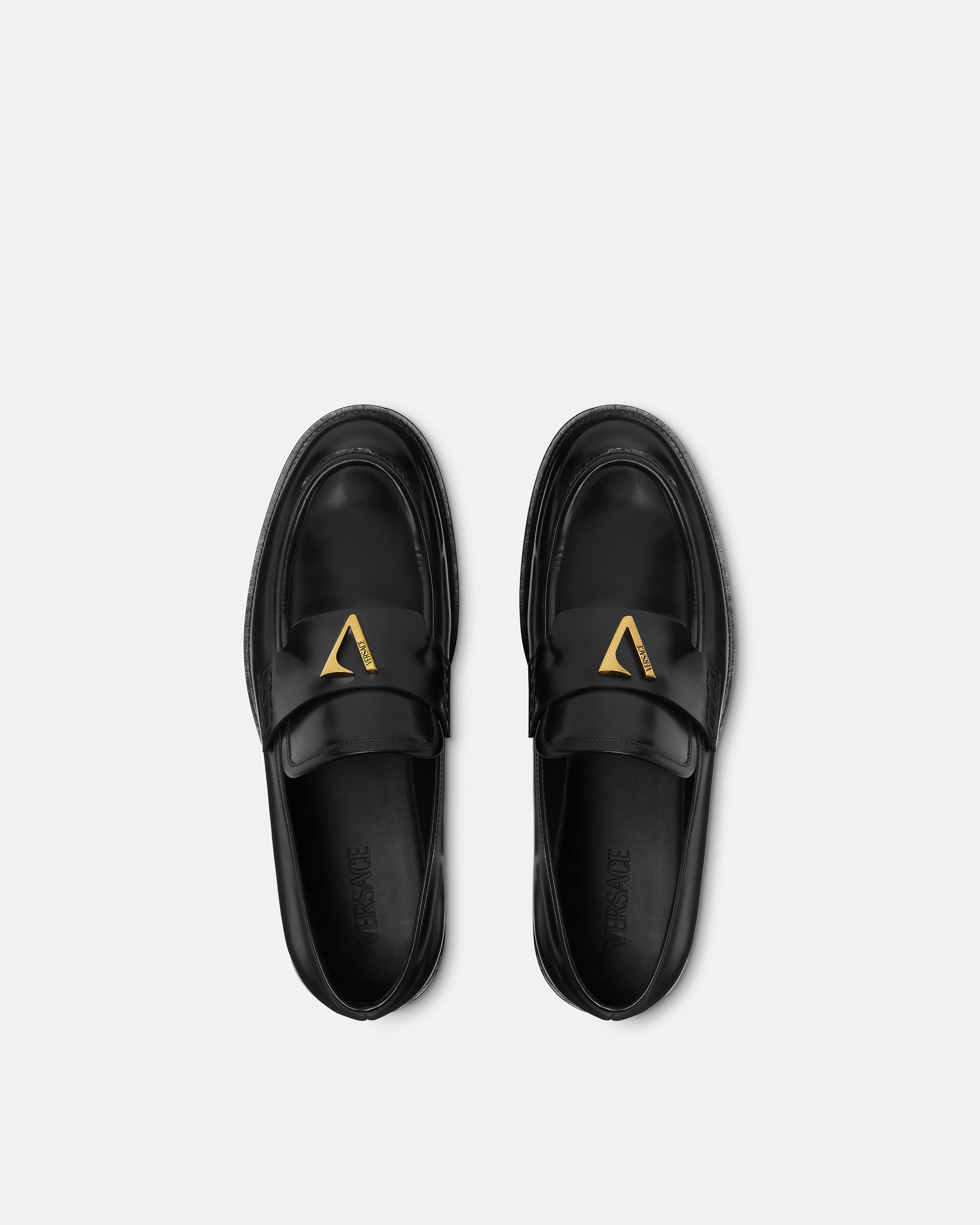 V Leather Loafers Black,Gold | VERSACE IN