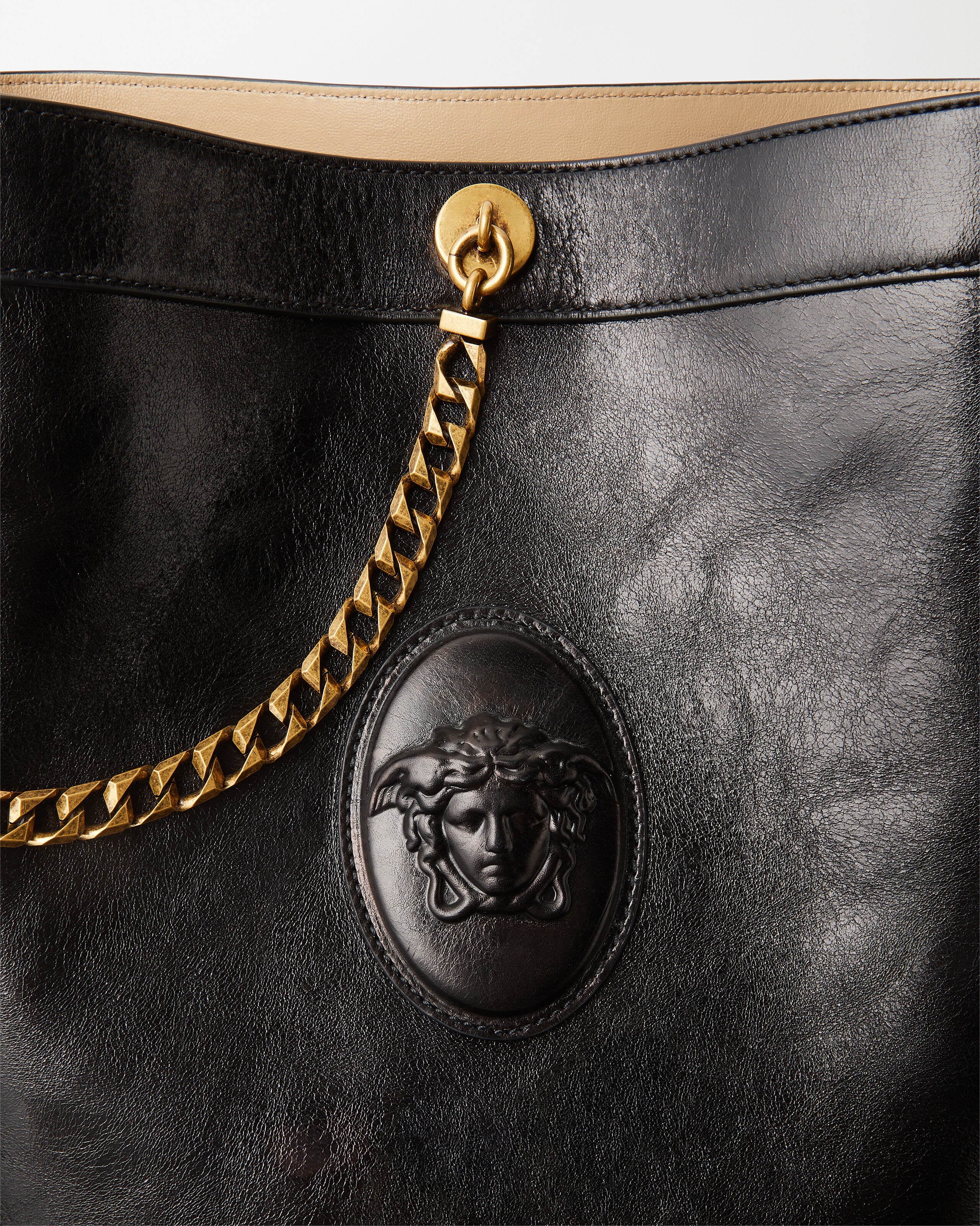 Pivot Small Leather Bucket Bag Black | VERSACE US