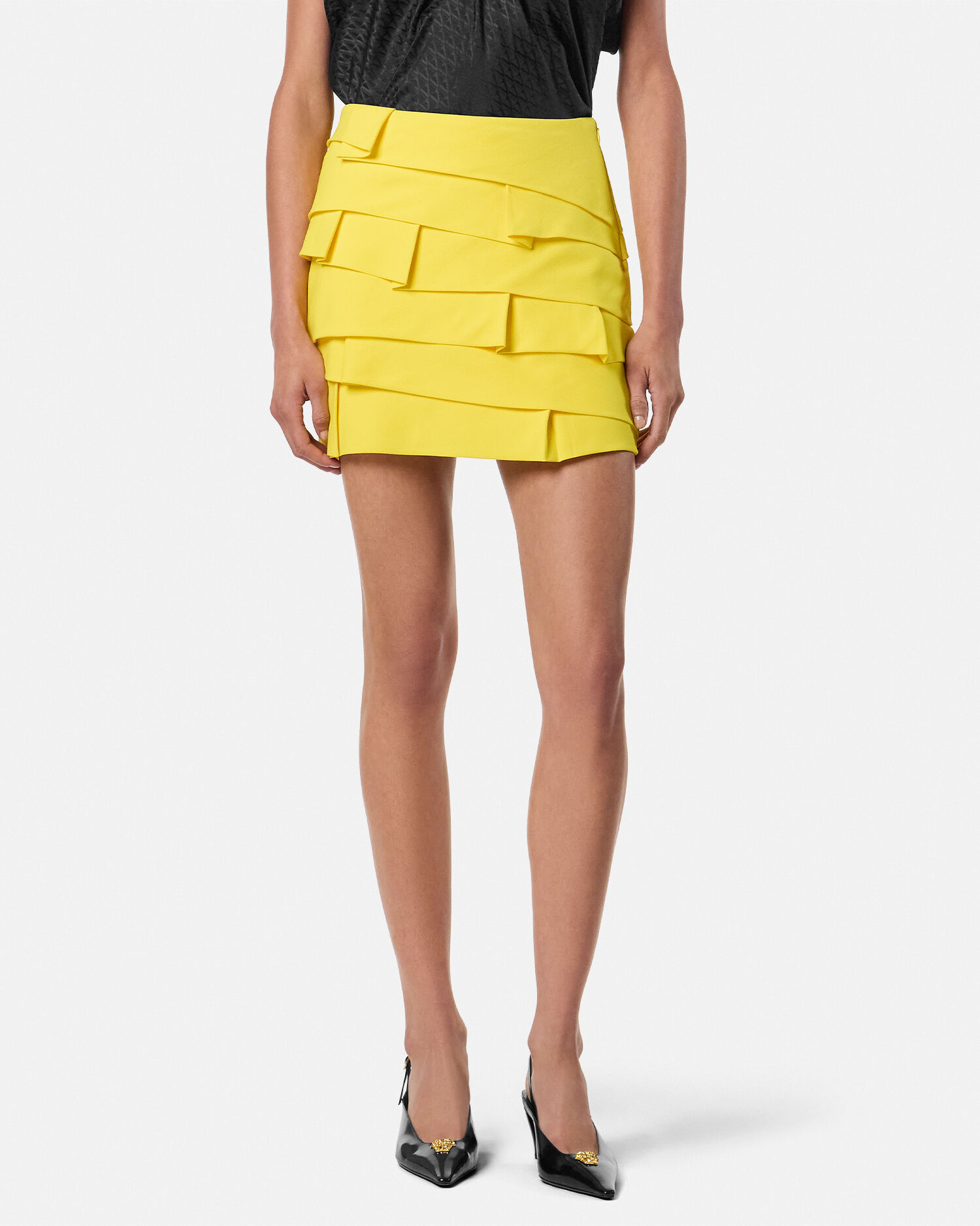 Envers-Satin Fitted Mini Skirt Yellow | VERSACE US
