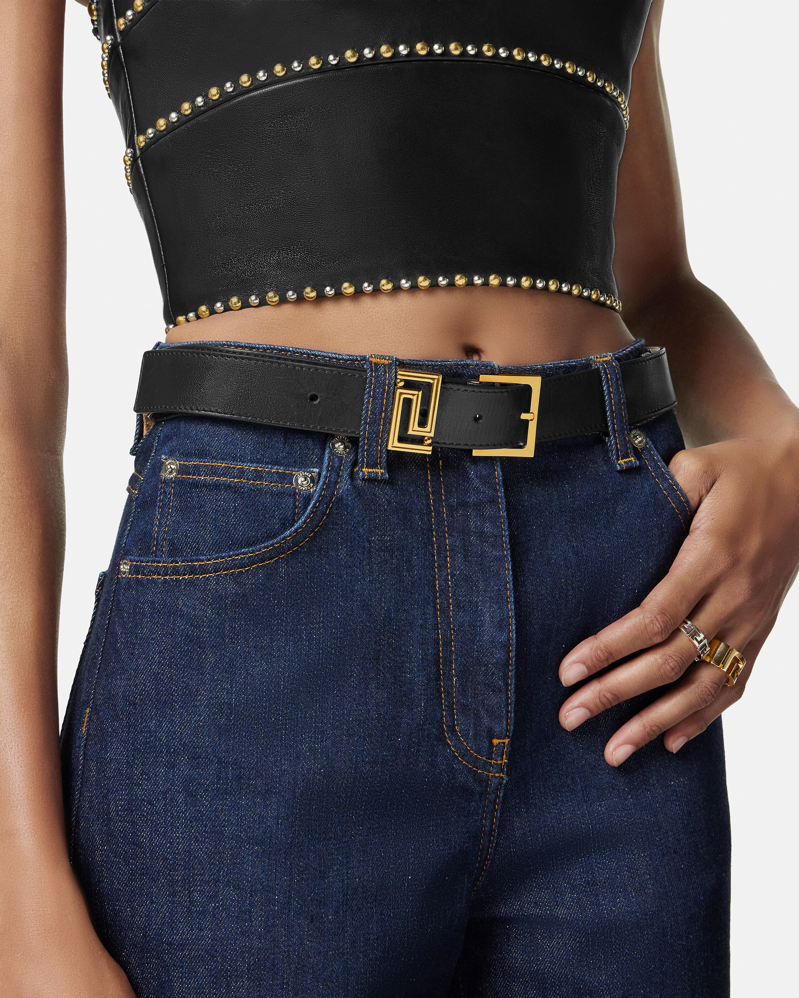 Greca Goddess Leather Belt 3 cm Black,Gold | VERSACE US