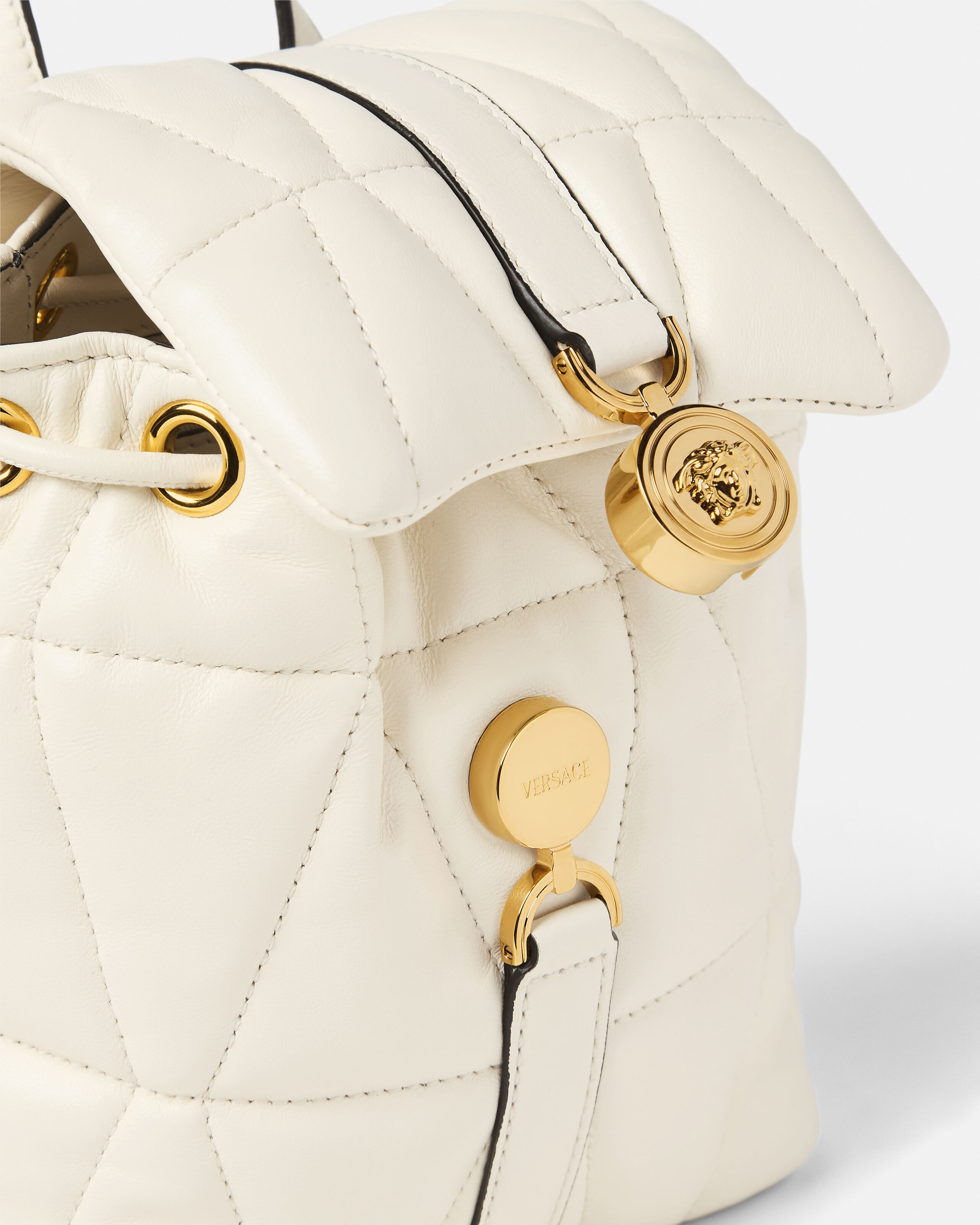 Kleio Quilted Nappa Backpack White,Gold | VERSACE US