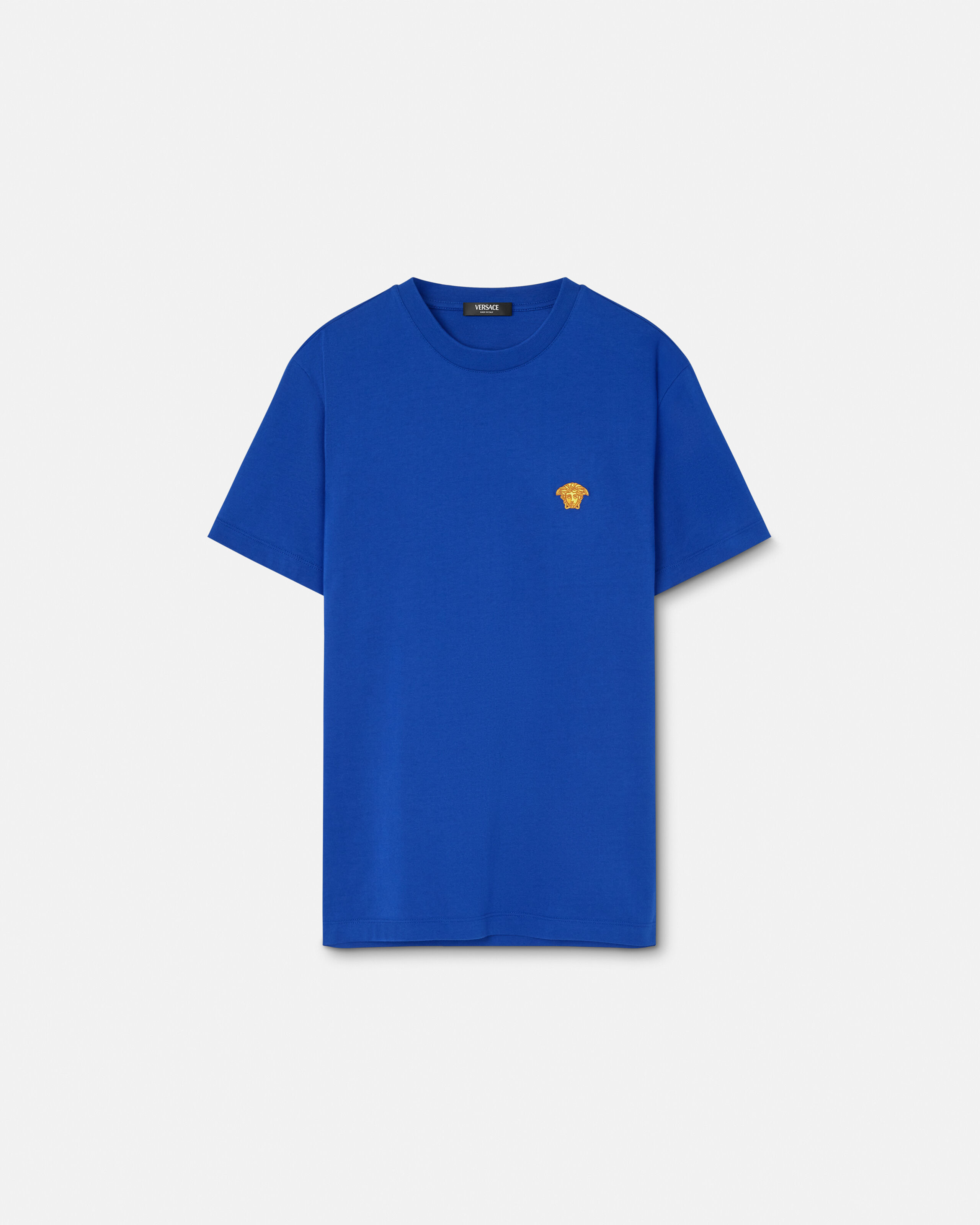 Embroidered Cotton-Jersey T-Shirt Blue | VERSACE US
