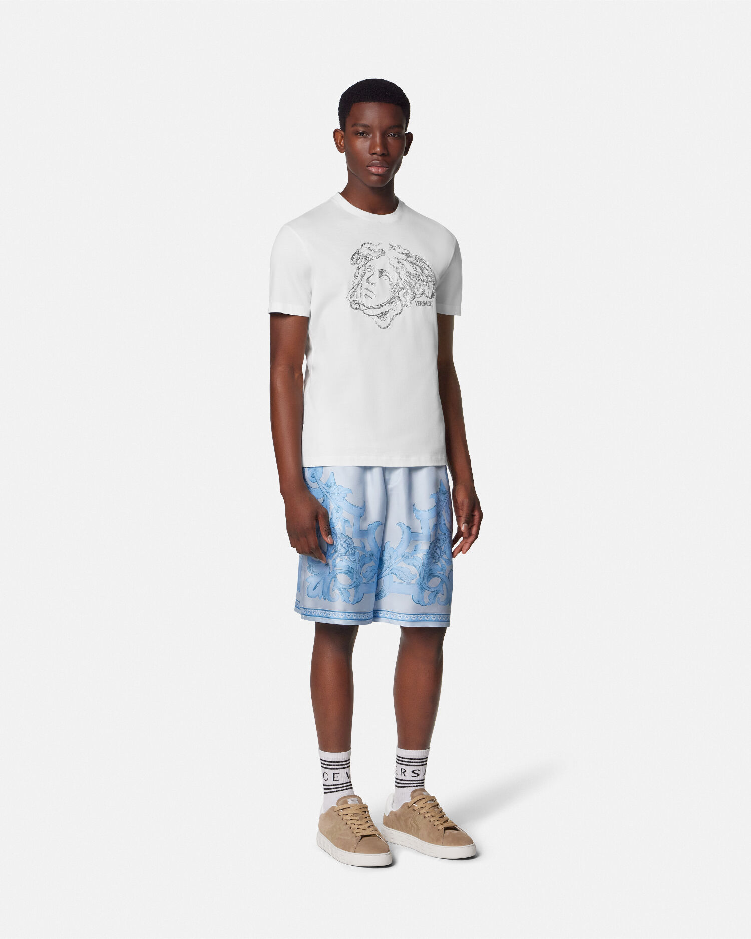 Embroidered Cotton-Jersey T-Shirt White | VERSACE US