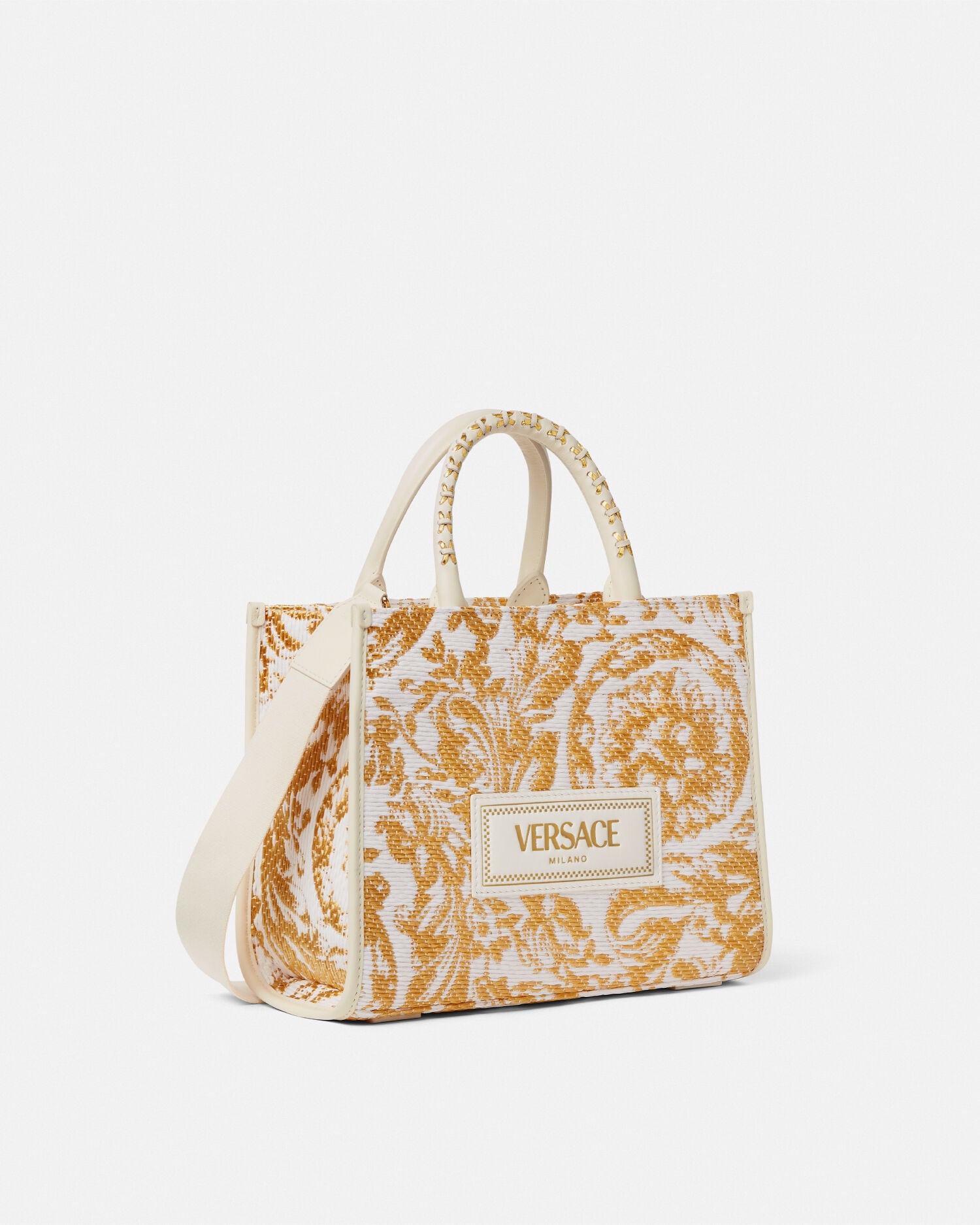 Barocco Athena Raffia Small Tote Bag White,Gold | VERSACE US