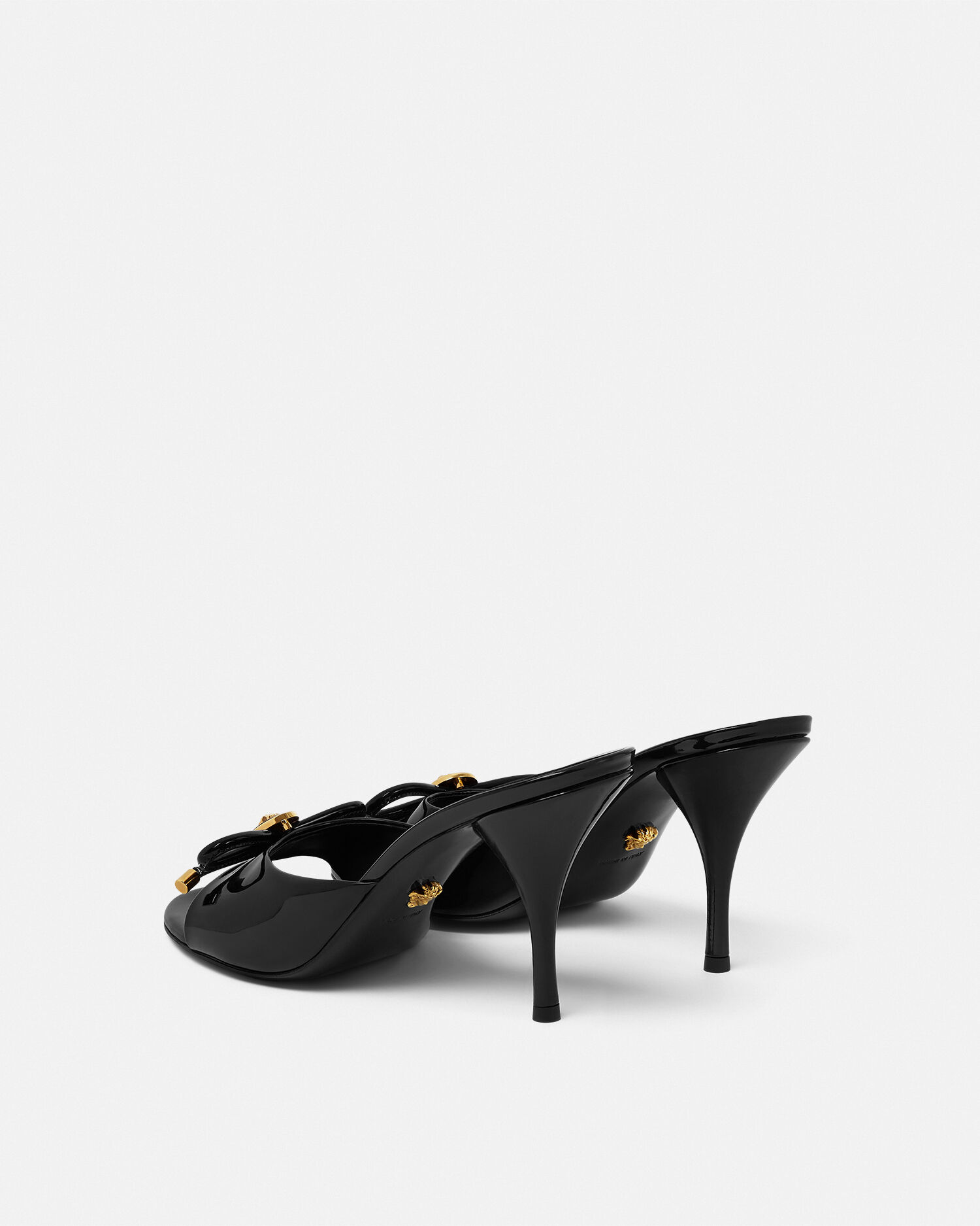 Opera Bow Patent Mules 85 mm Black,Gold | VERSACE US