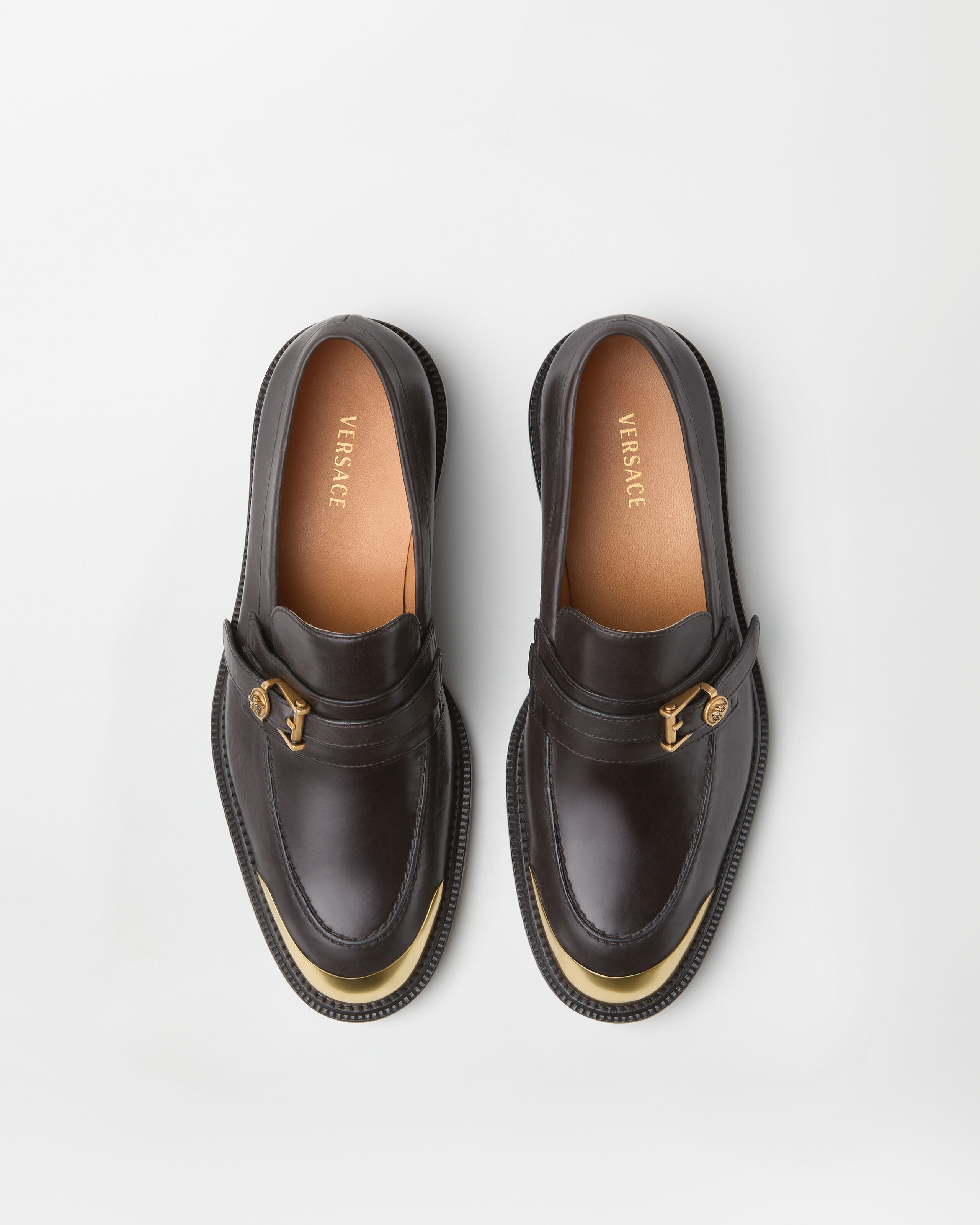 Primo Leather Loafers Brown,Gold | VERSACE US