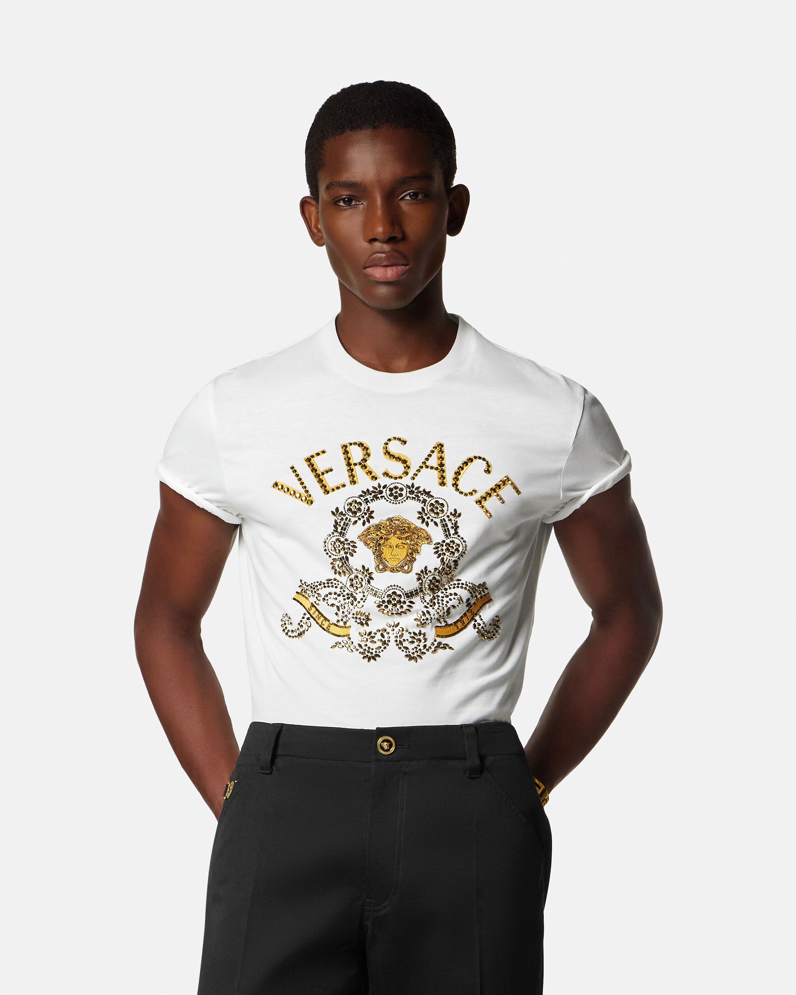 Embroidered Cotton-Jersey Slim T-Shirt White | VERSACE