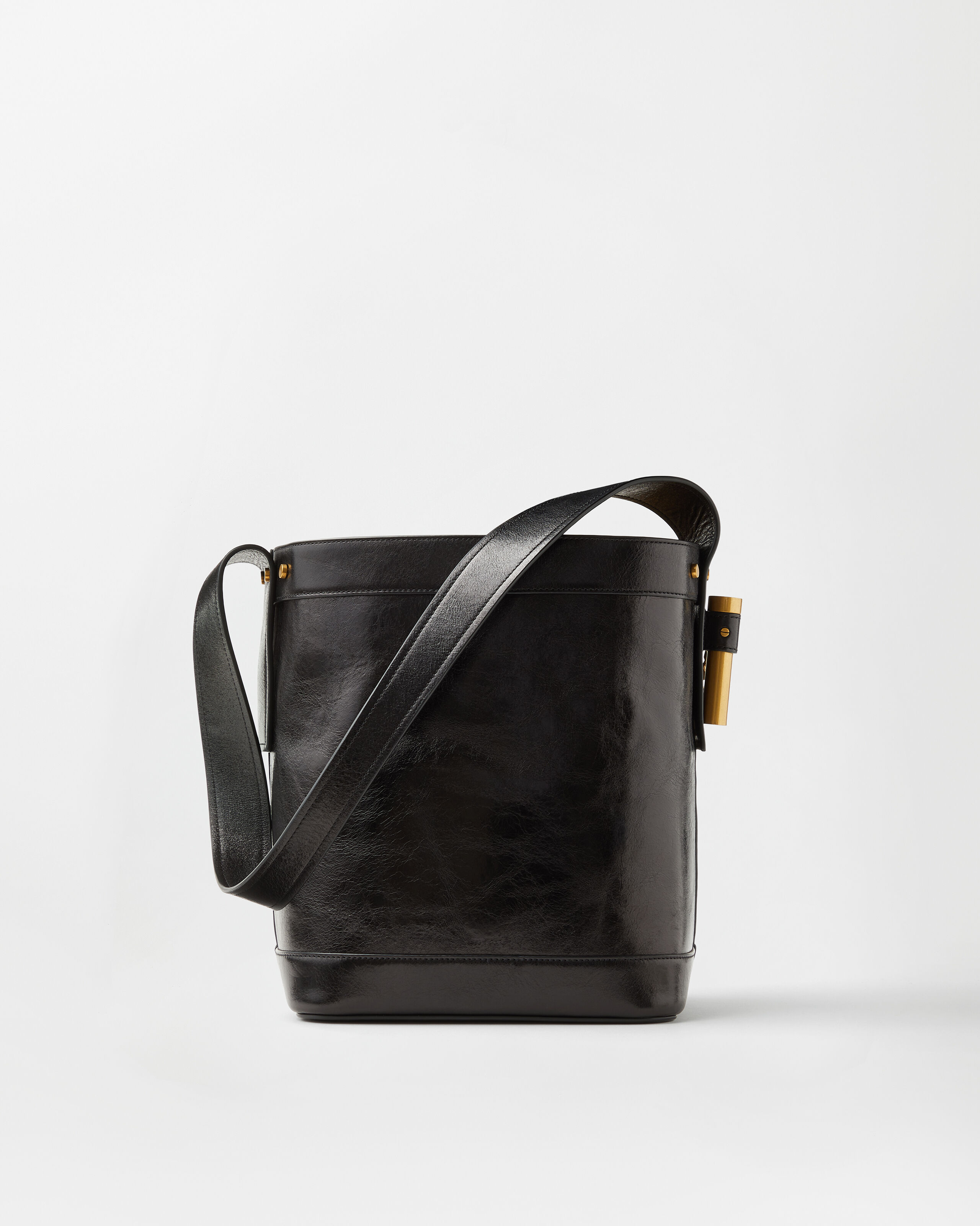 Pivot Small Leather Bucket Bag Black | VERSACE US