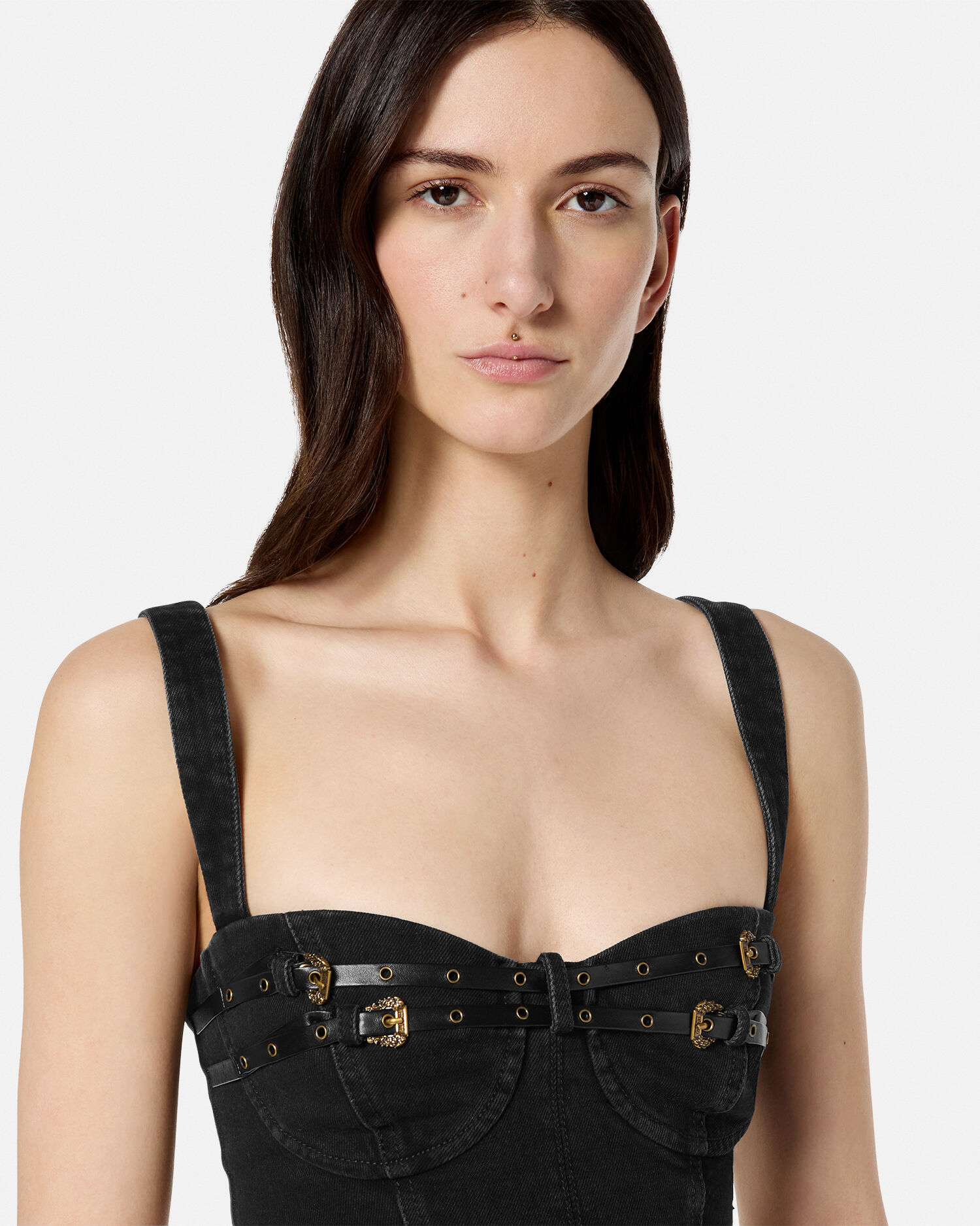 Baroque Buckle Denim Bustier Top | VERSACE US