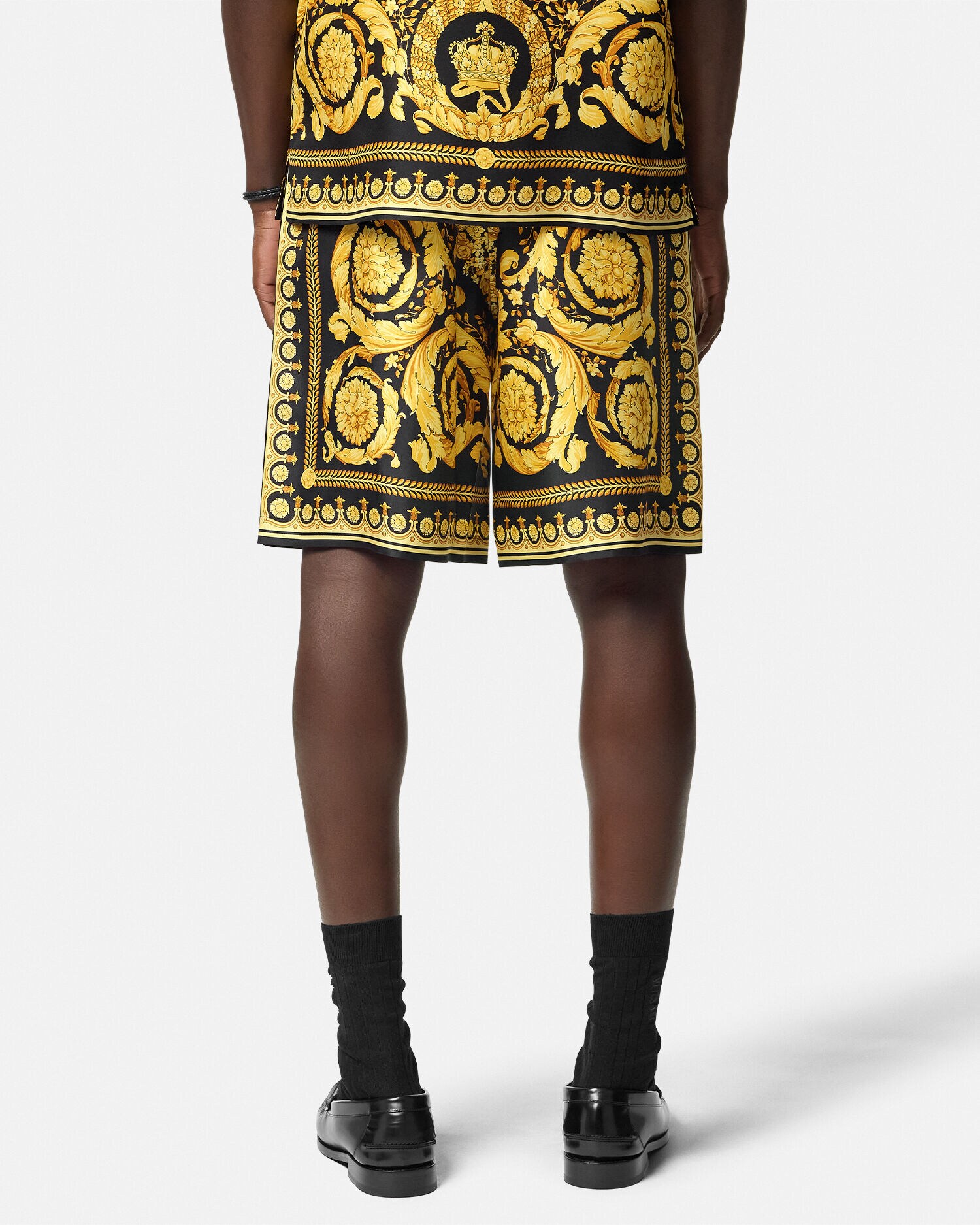 Printed Silk Twill Shorts Black,Print | VERSACE US