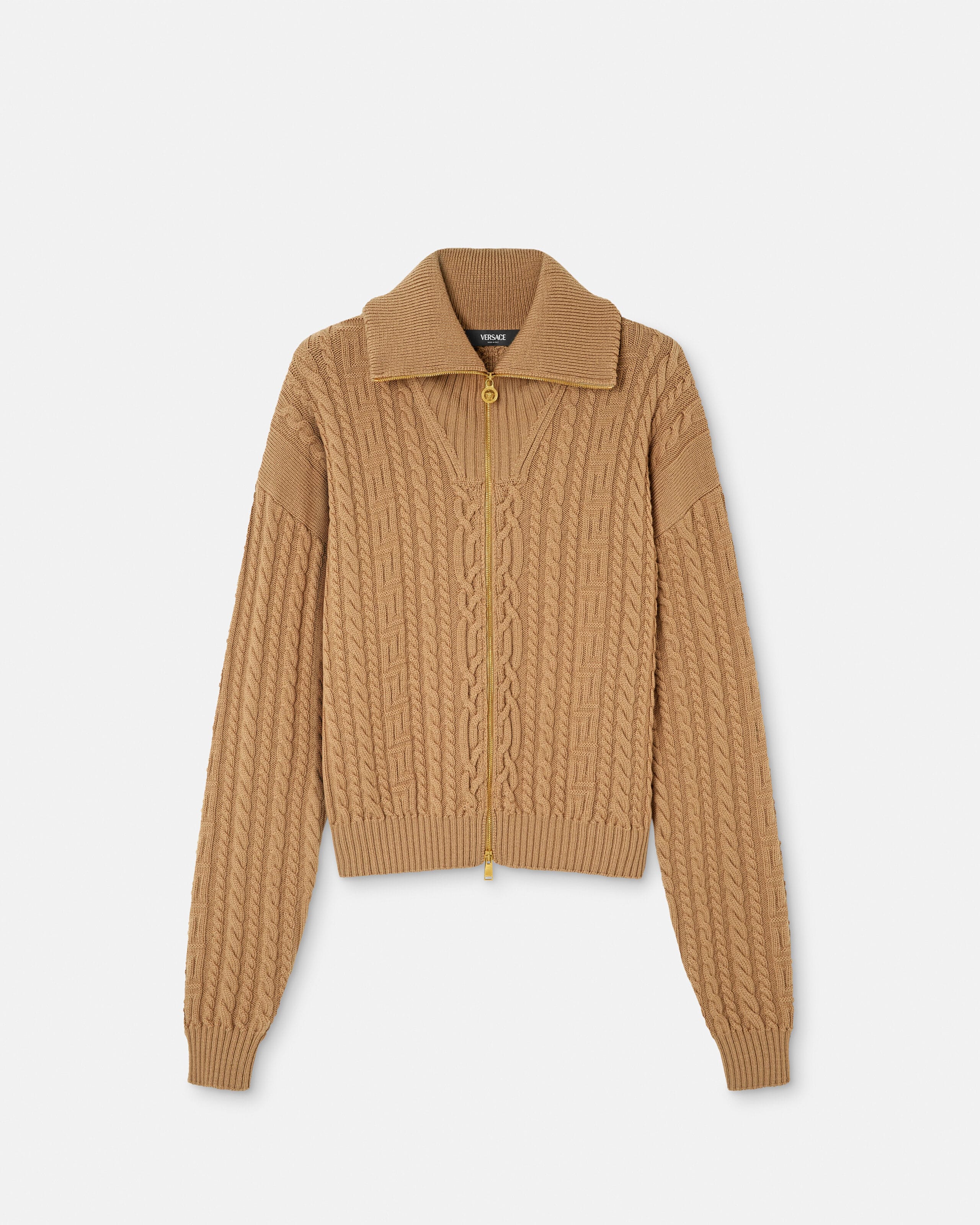 Embroidered Wool Knit Zip Sweater Brown | VERSACE US