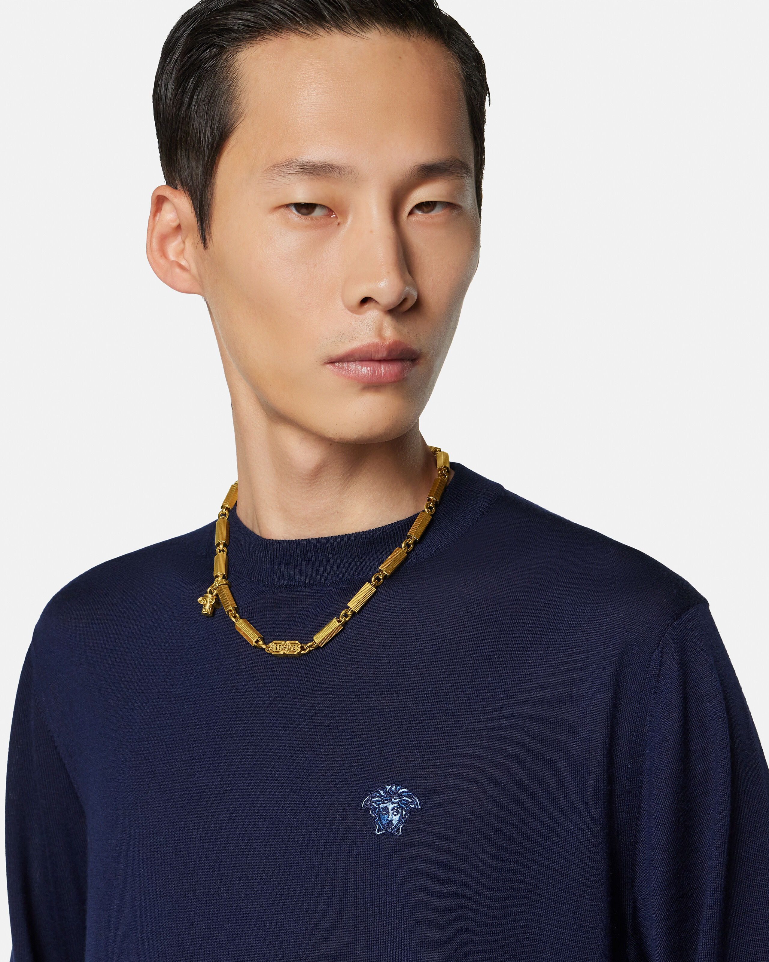 Wool-Blend Knit Sweater Blue | VERSACE US