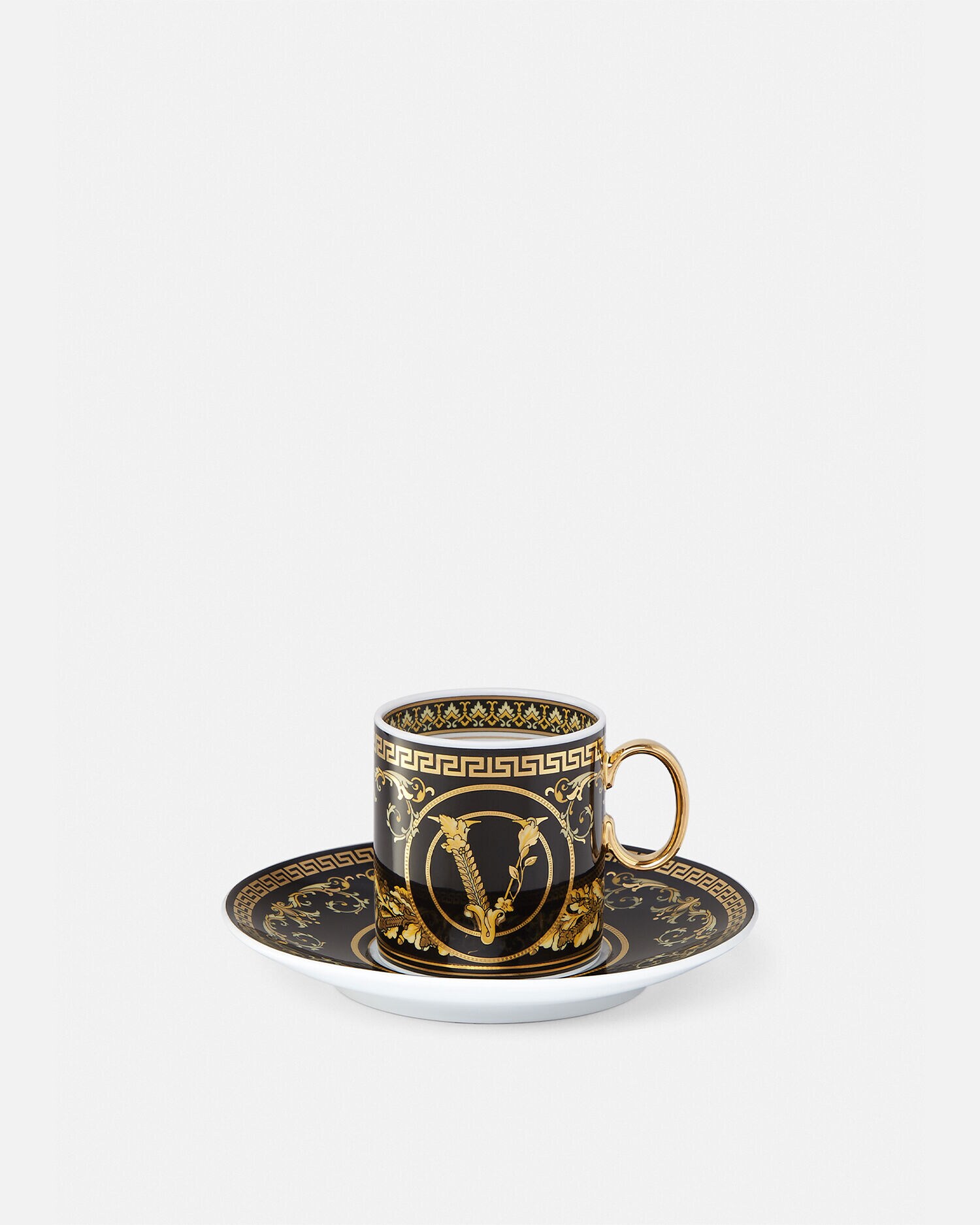 Virtus Gala Black Espresso Cup & Saucer Black,Gold | VERSACE US