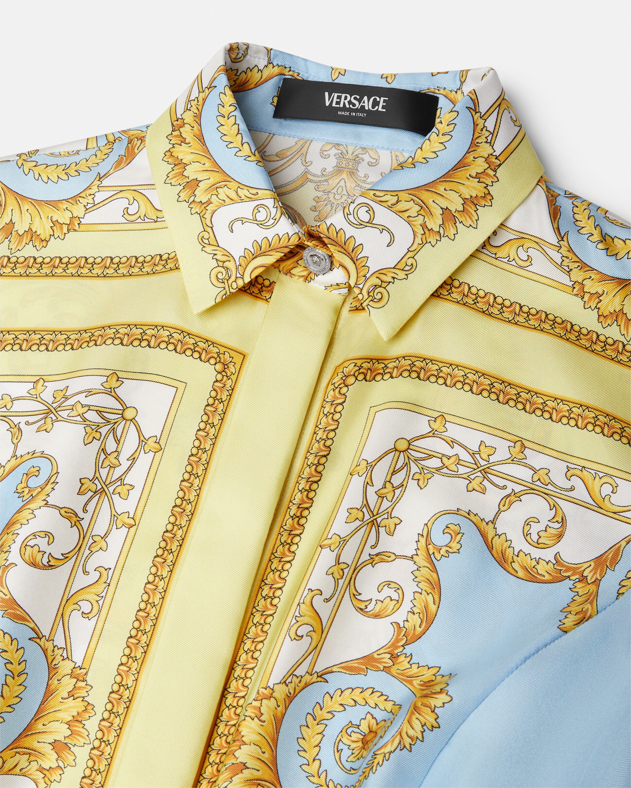 Printed Silk Twill Mini Shirt Dress Blue,Gold | VERSACE US