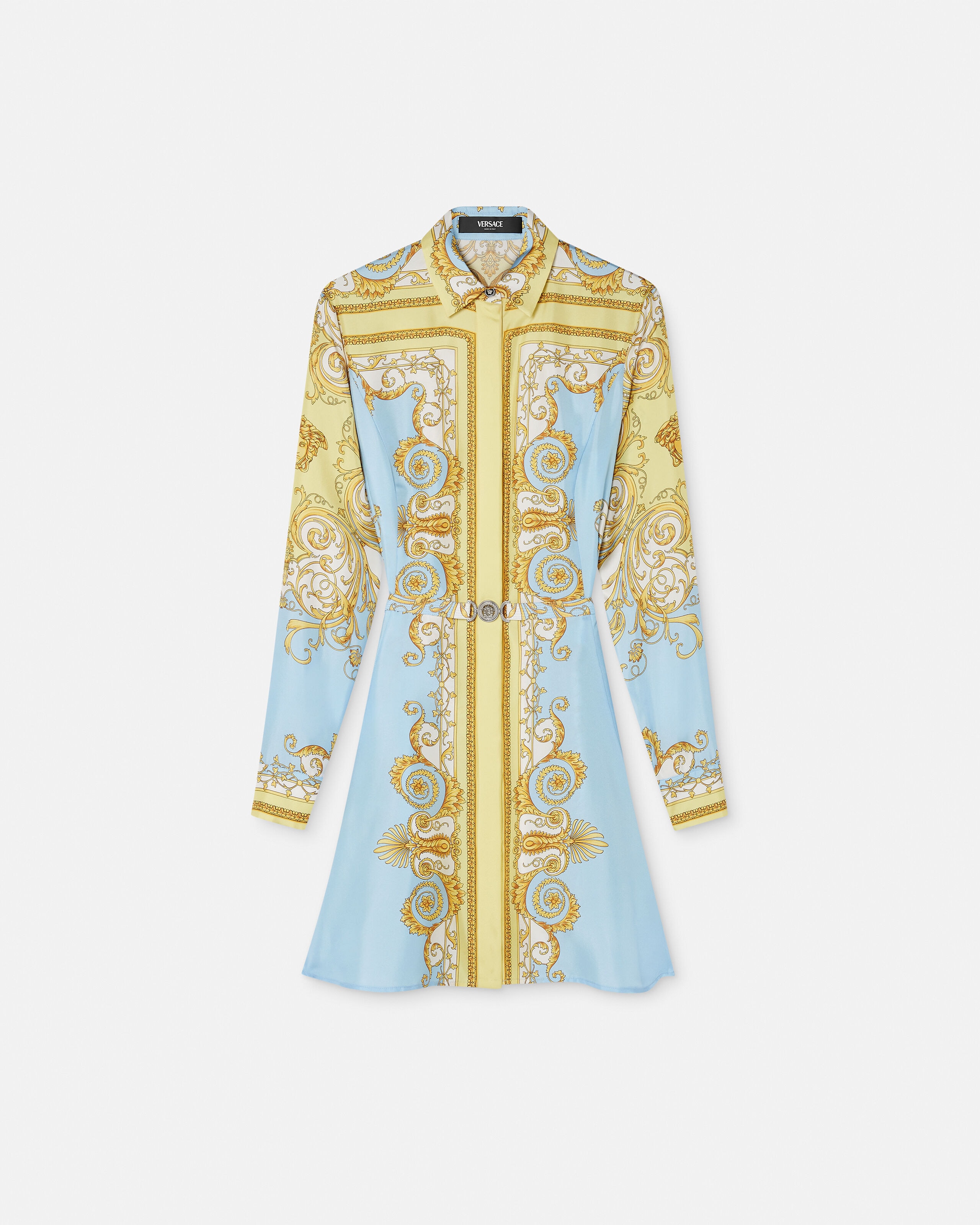 M　Versace ワンピ Printed Silk Twill Mini Shirt Dress Blue,Gold | VERSACE US