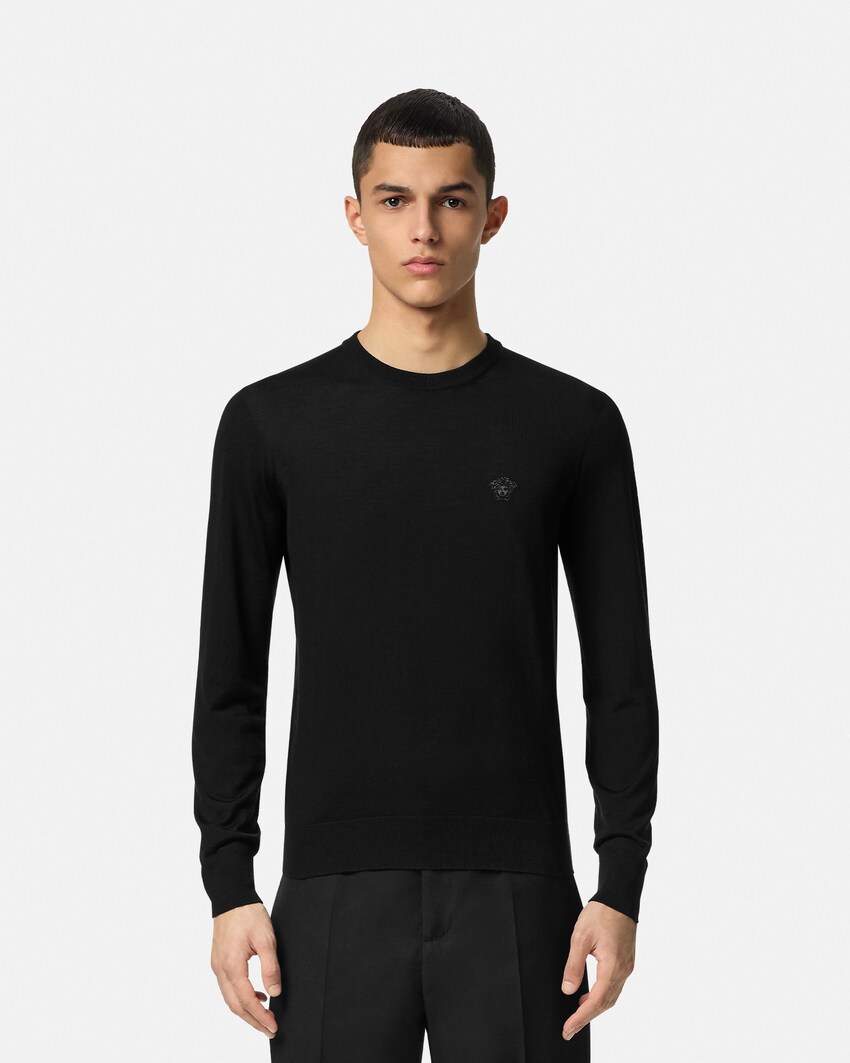 Versace Embroidered Wool-Blend Knit Sweater Black 4