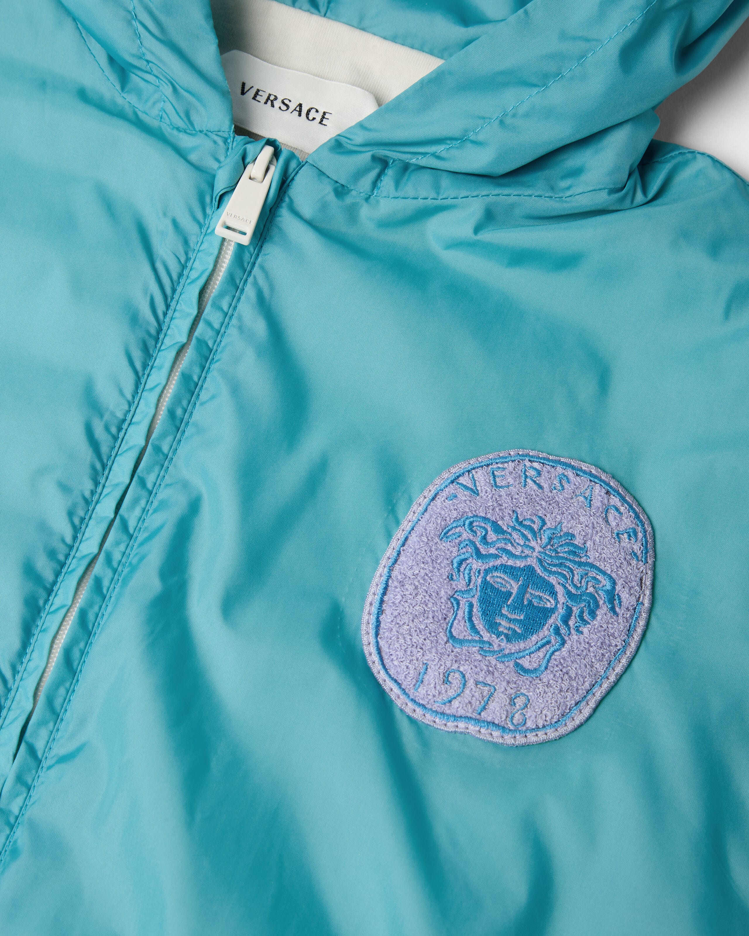 Kids Embroidered Nylon Windbreaker Jacket Blue | VERSACE US