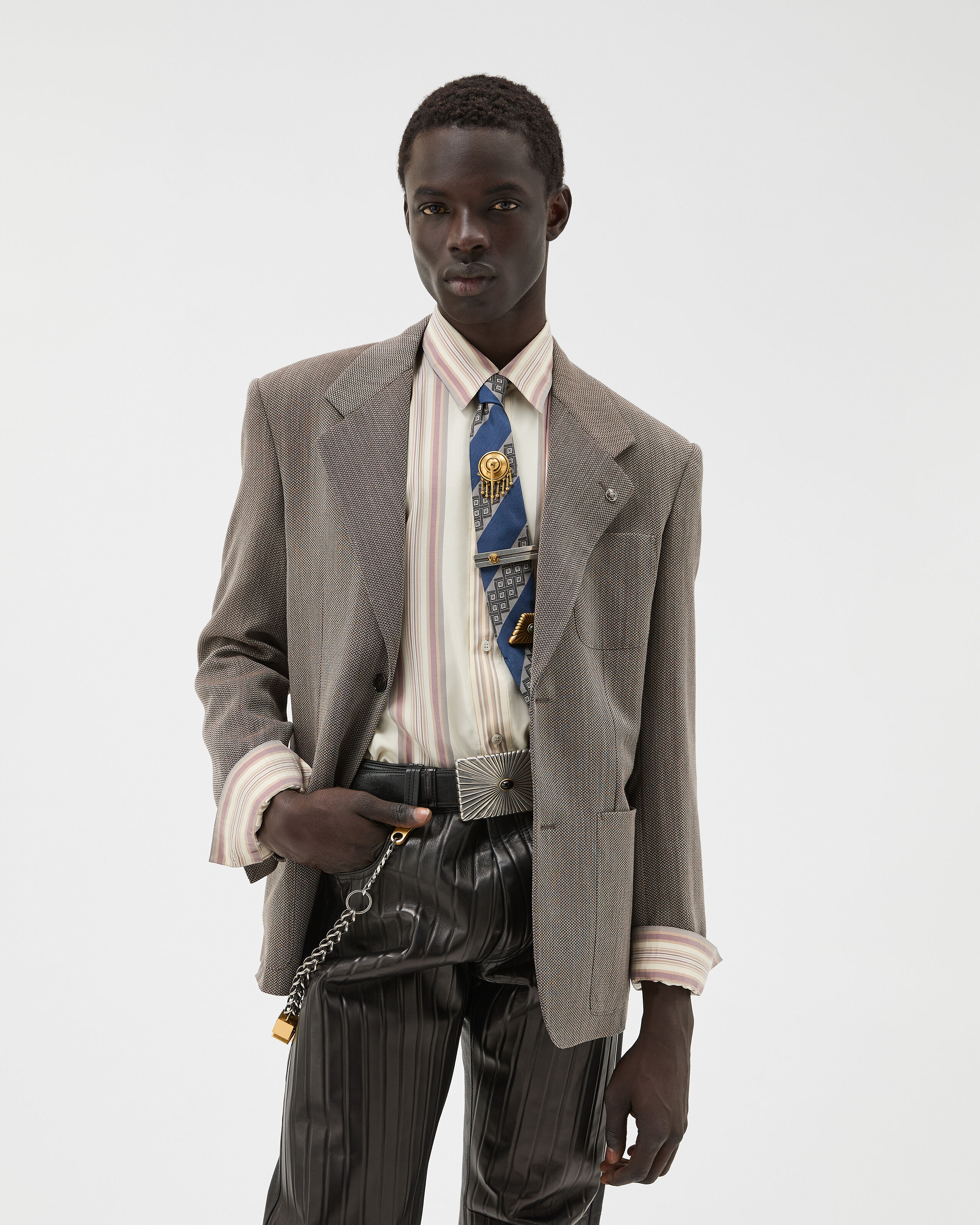 Herringbone Wool Crêpe Blazer Brown | VERSACE US