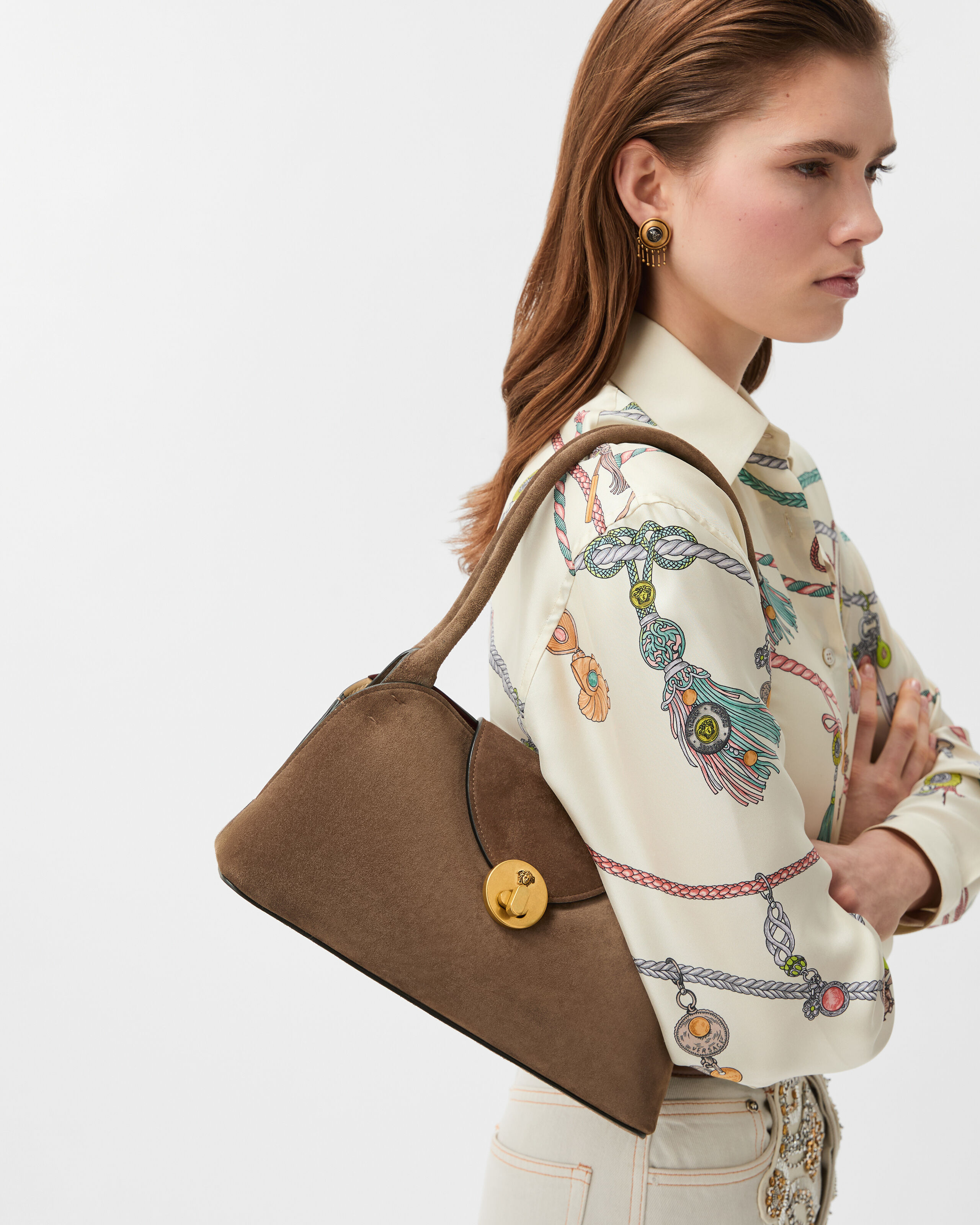 Vivian Small Suede East/West Shoulder Bag Brown | VERSACE US