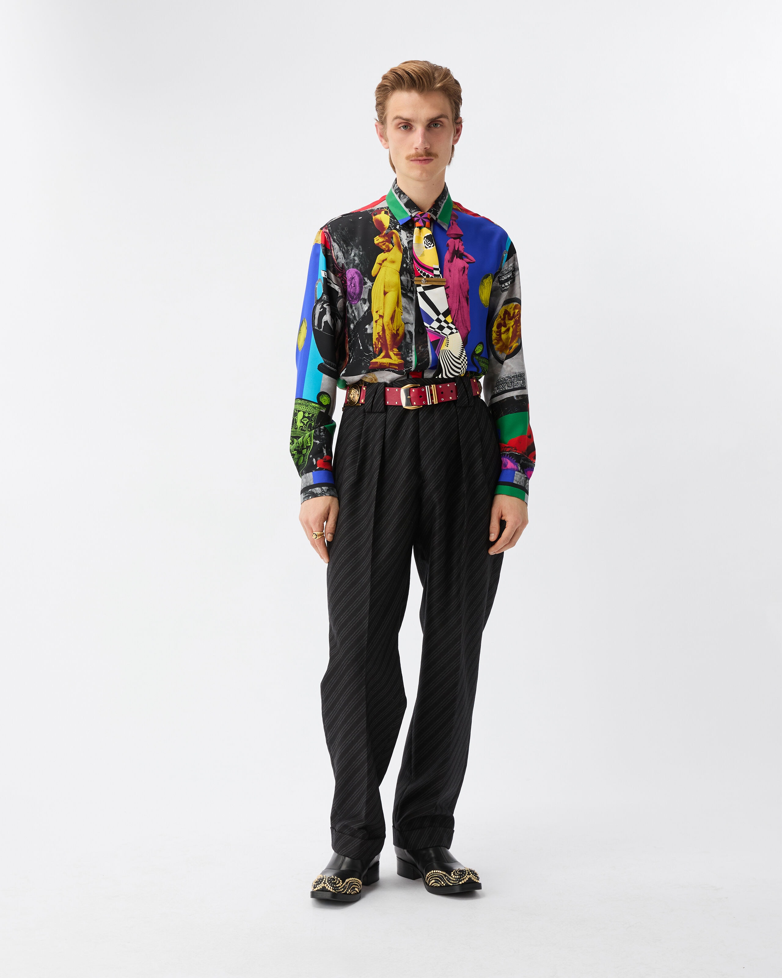 Pinstripe Wool Dress Pants Black | VERSACE US