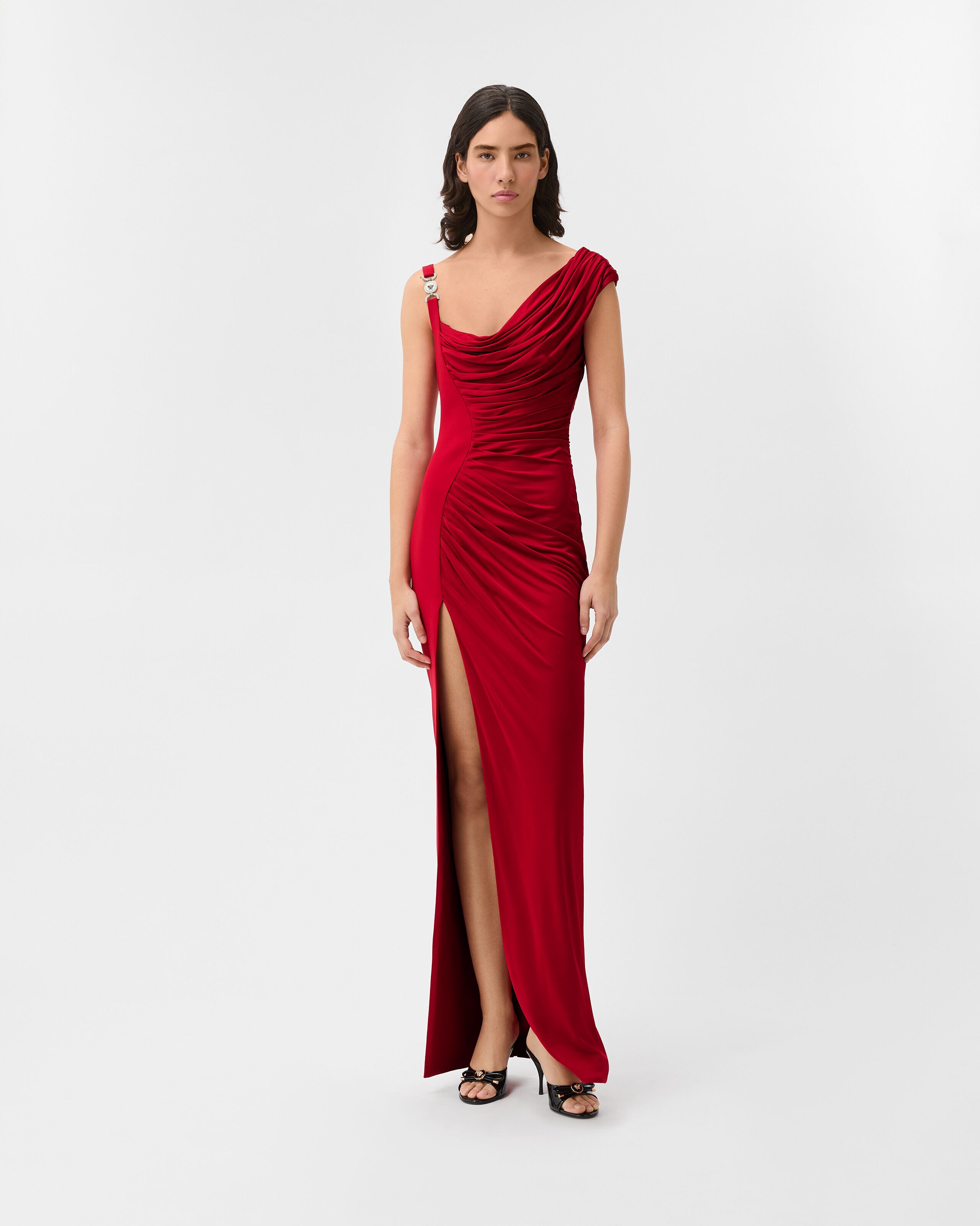 Viscose Liquid Jersey Draped Gown Red | VERSACE US