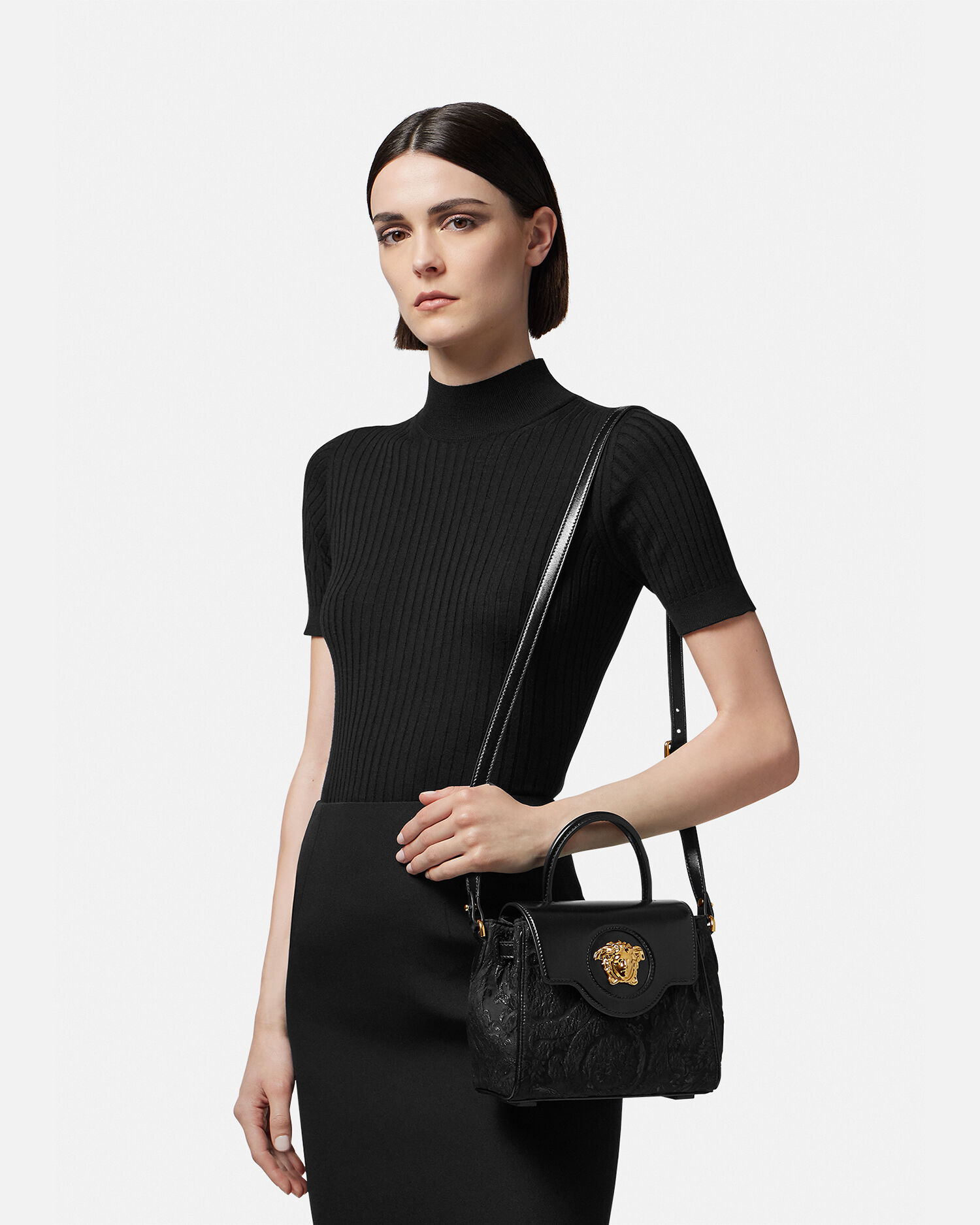 La Medusa Lurex Cloquet Small Handbag Black Gold Versace US