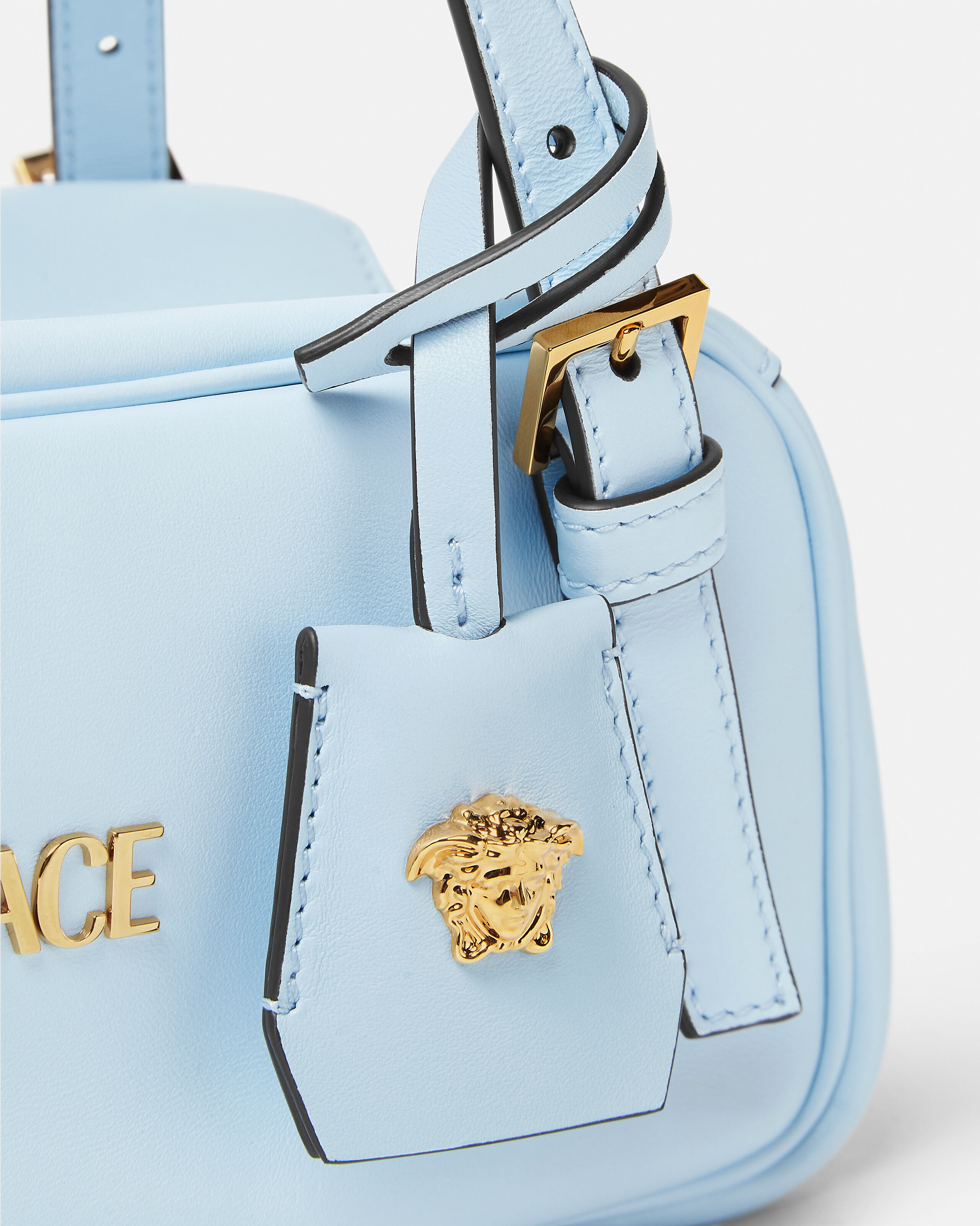 Versace Tag Nappa Bowling Bag Blue | VERSACE US