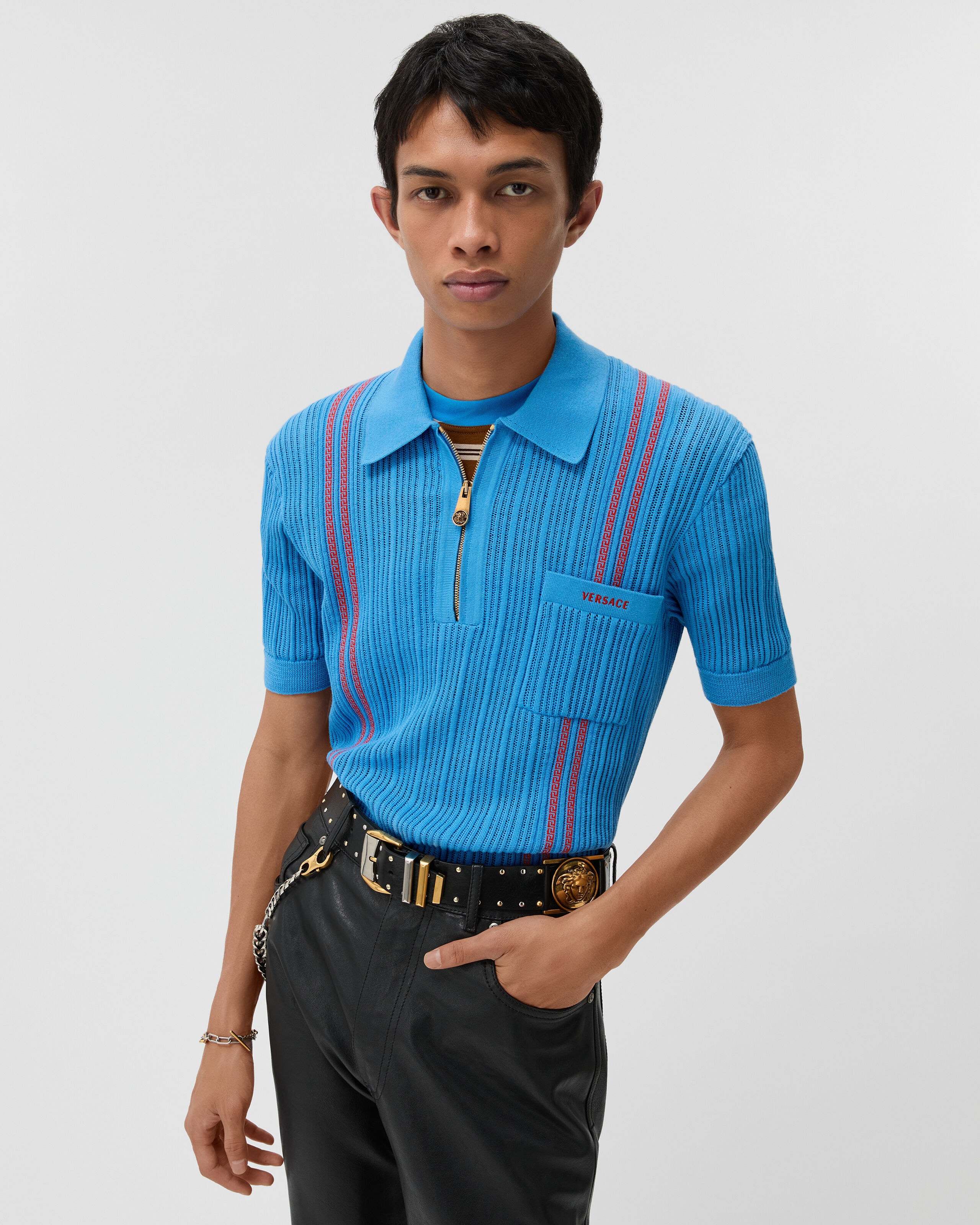 Embroidered Logo Cotton Knit Polo Shirt Blue | VERSACE US