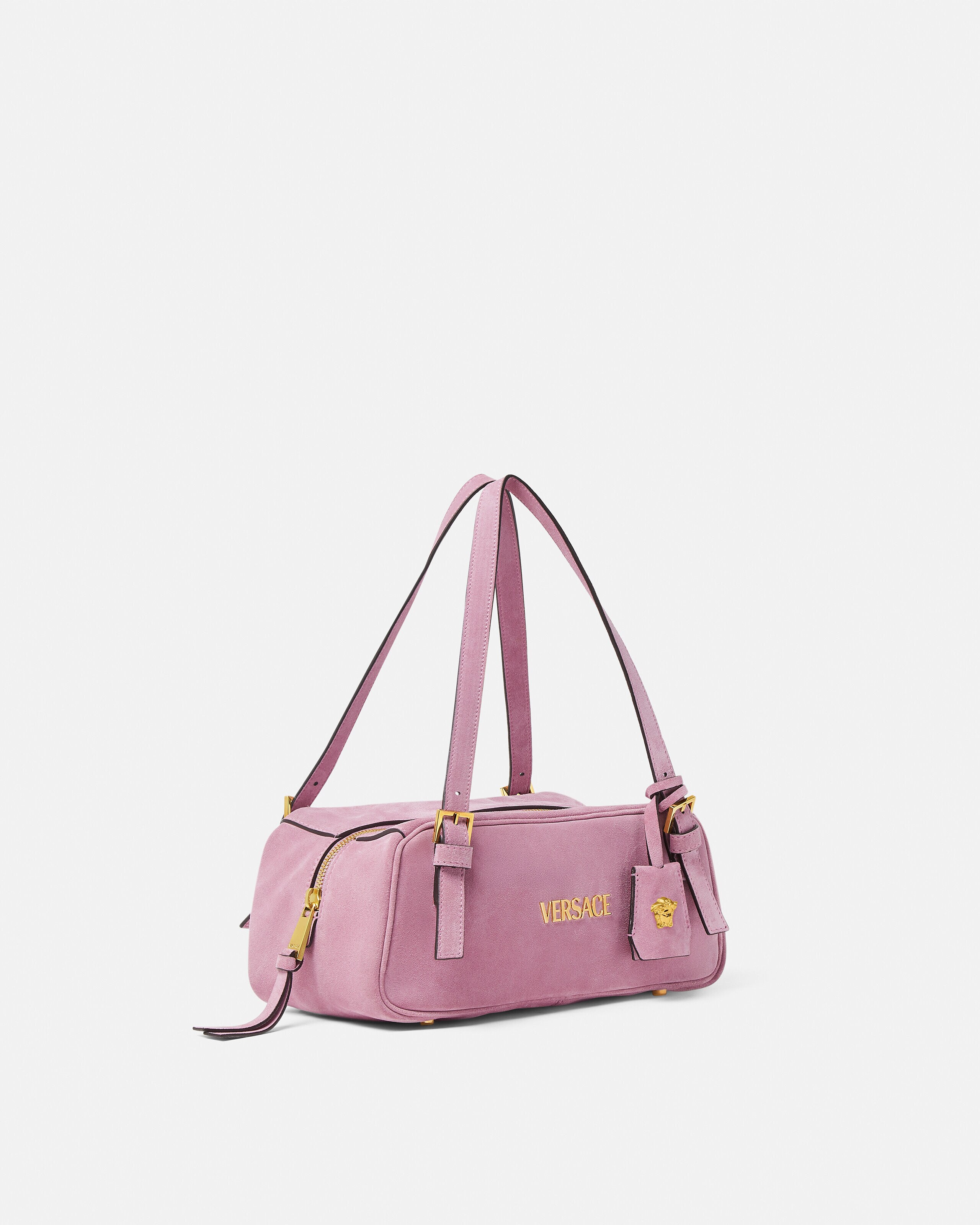 Versace Tag Suede Bowling Bag Pink,Gold | VERSACE US