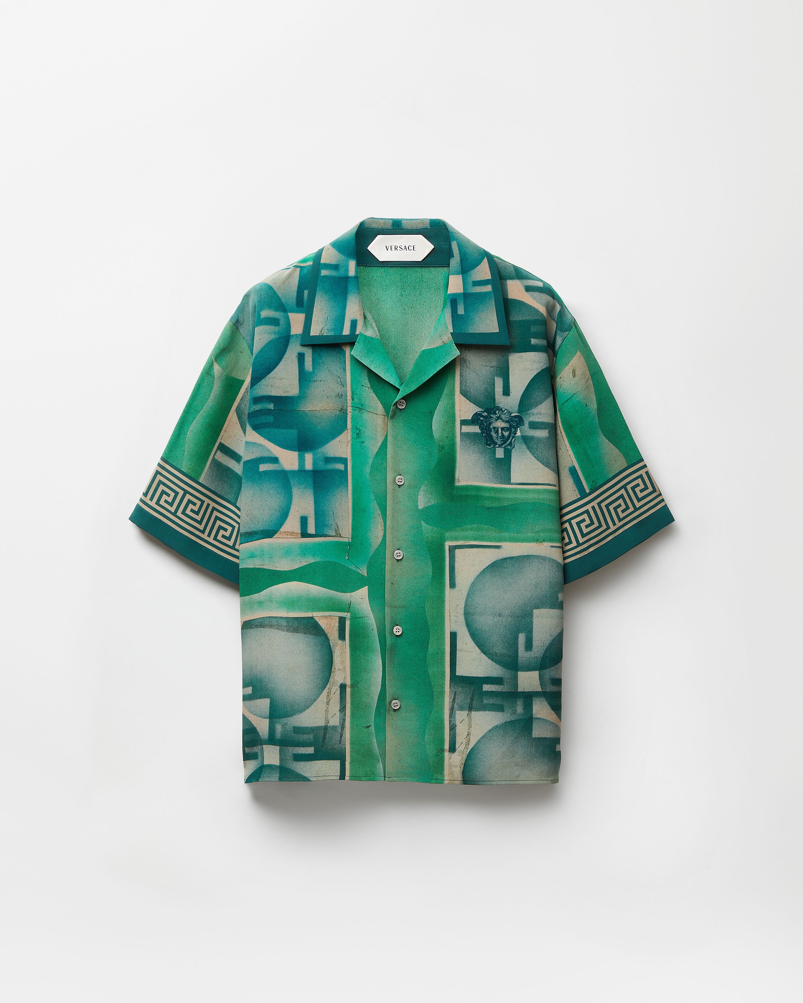Printed Crêpe De Chine Silk Shirt Green,Blue | VERSACE US