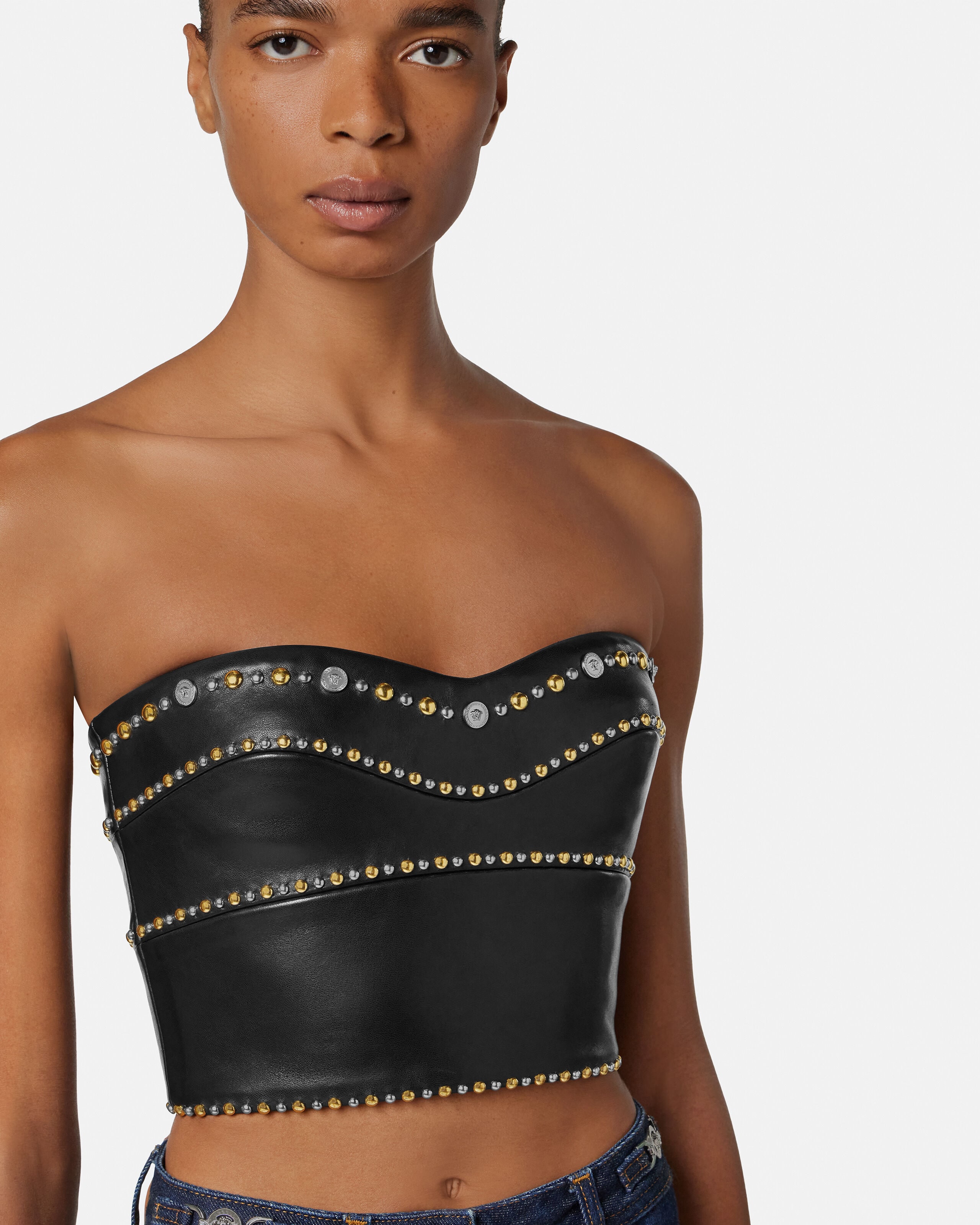 トップス MURRAL geum rivale bustier (black) Embellished Leather Bustier Black | VERSACE US