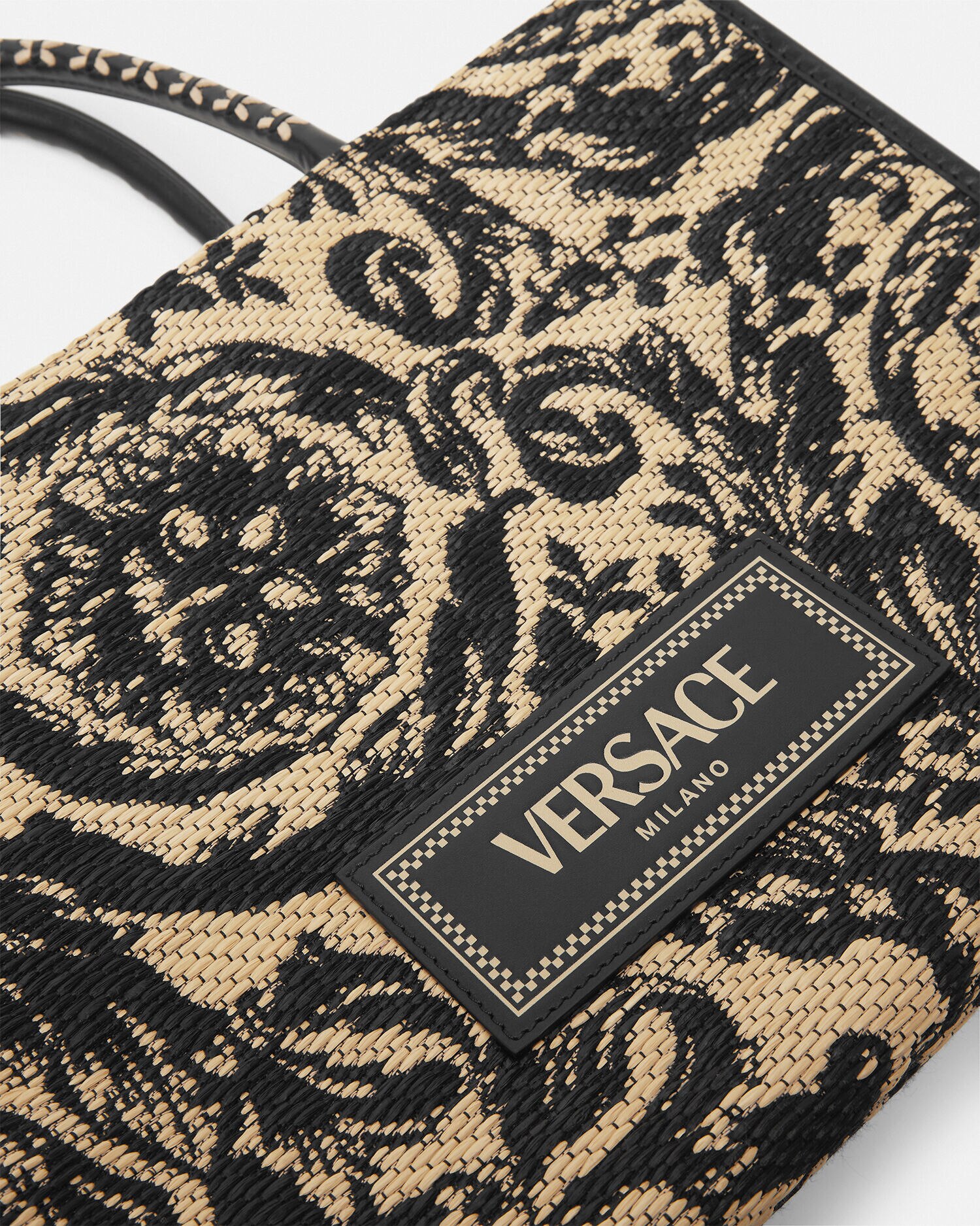 Barocco Athena Raffia Medium Tote Bag Black,Print | VERSACE US