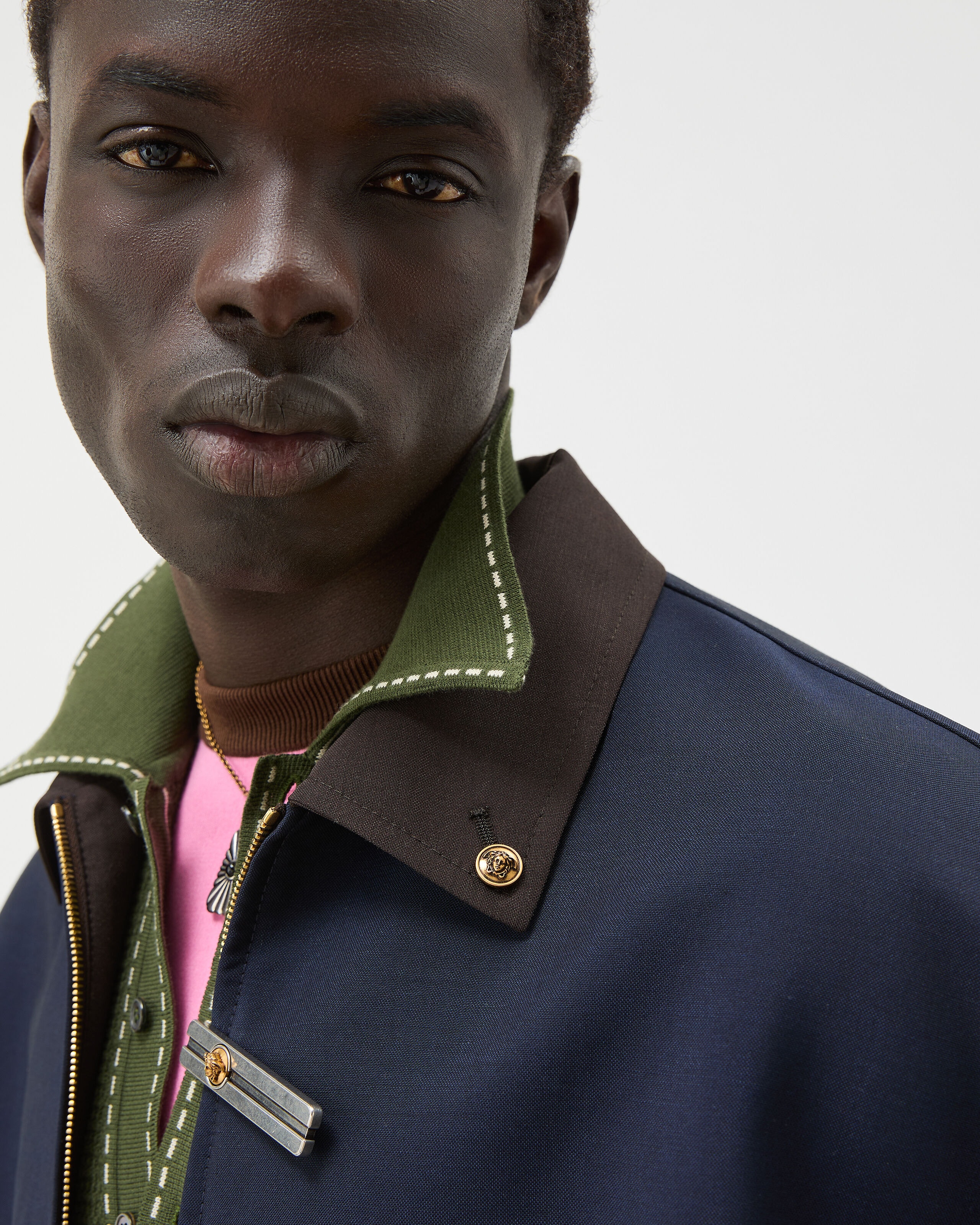 Wool-Mohair Zip Blouson Blue,Brown | VERSACE US