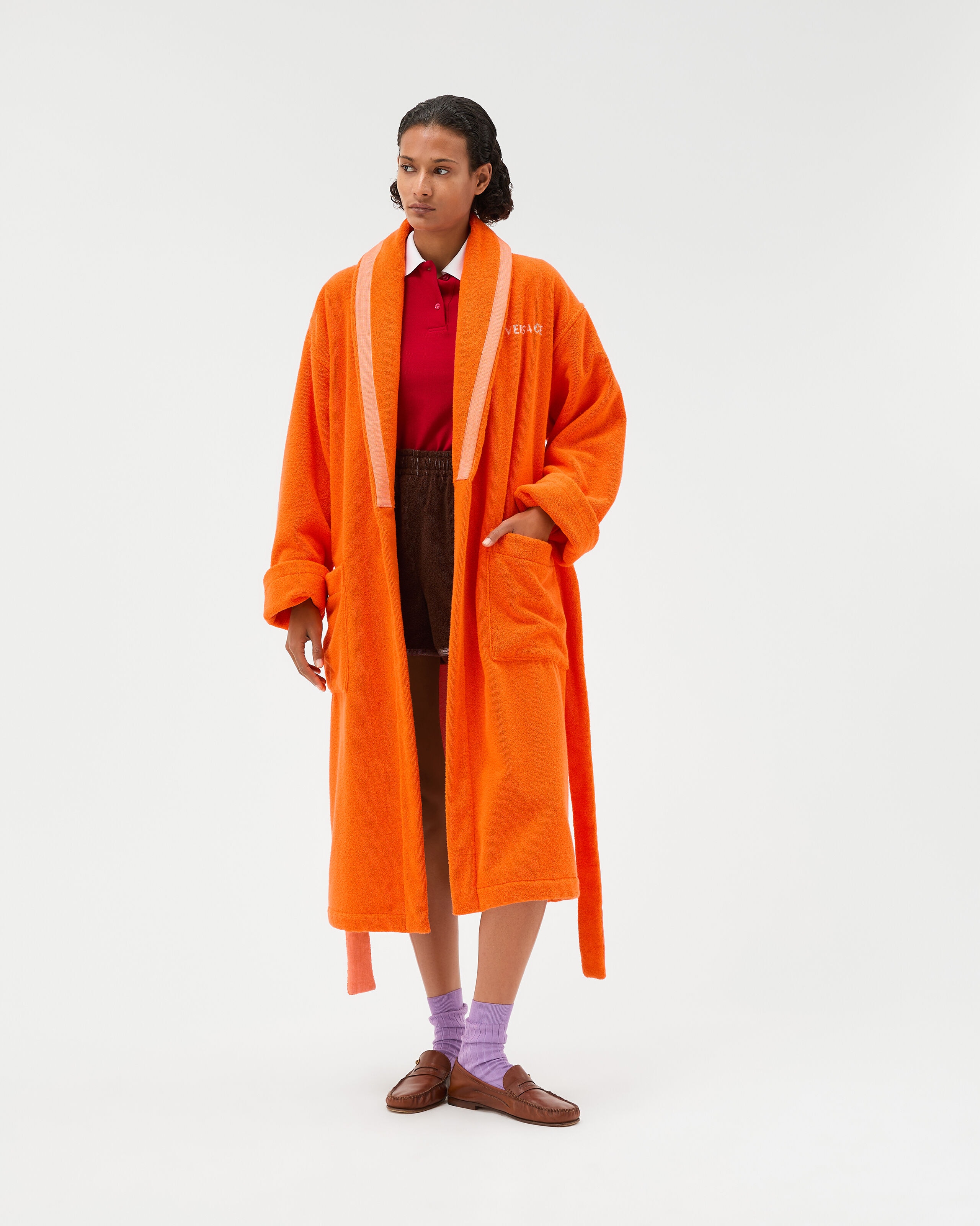 Cotton-Terry Jacquard Bathrobe Orange | VERSACE US