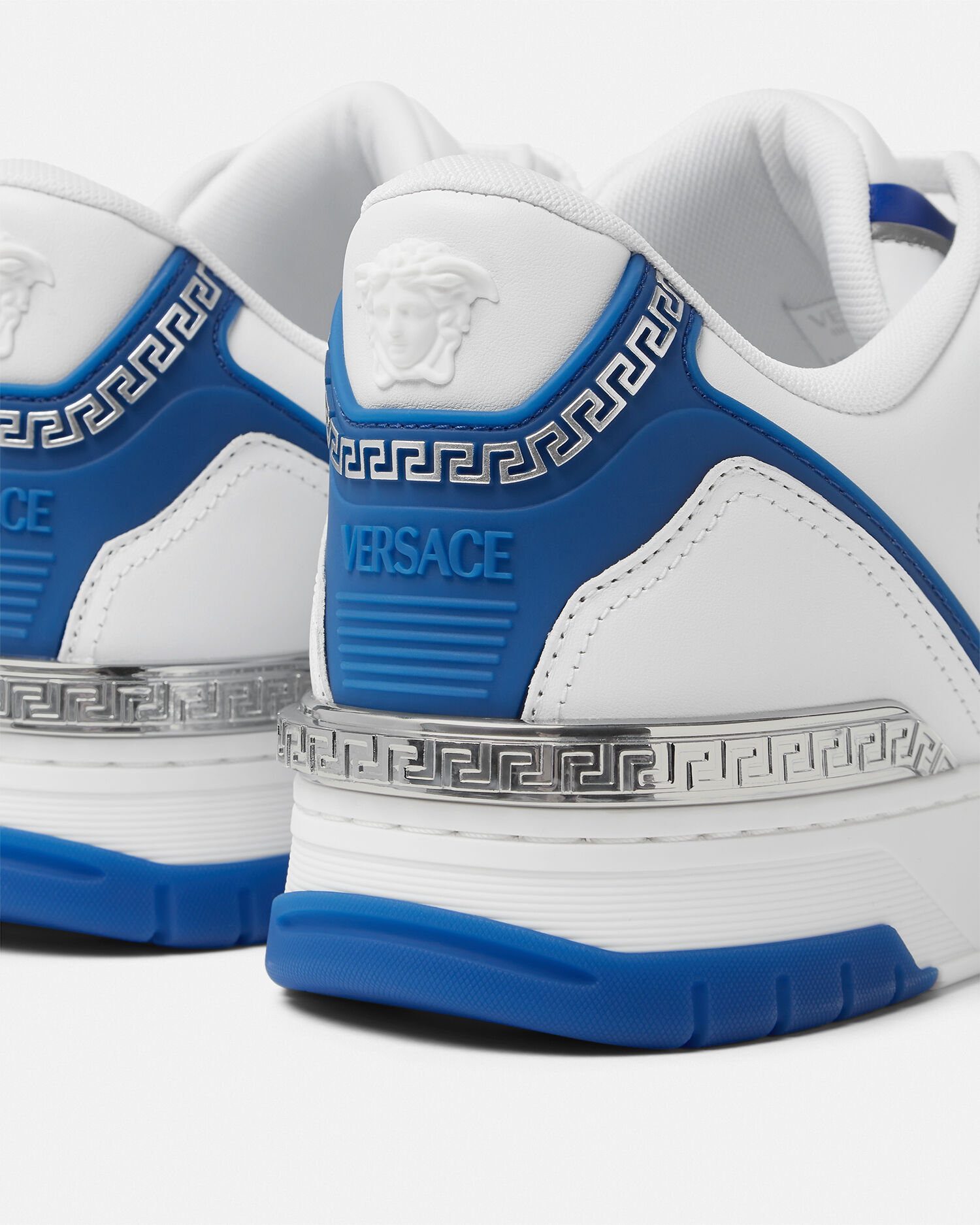 Biggie Basket Leather Sneakers White,Blue | VERSACE US