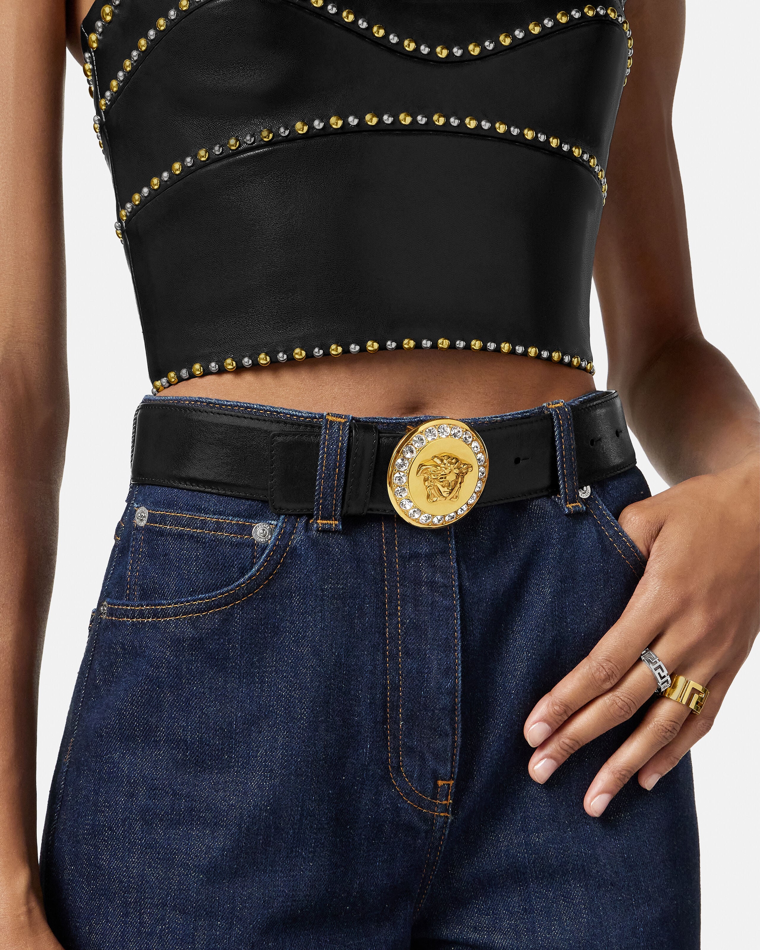 La Medusa Embellished Belt 4 cm Black,Gold | VERSACE US